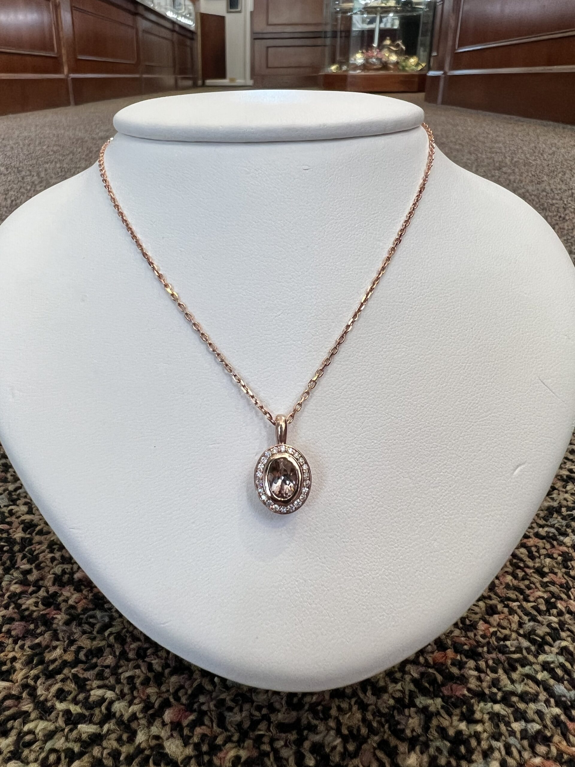 14k Rose Gold Oval Shaped Genuine Morganite & Diamond Bezel Set Halo Pendant - Image 15