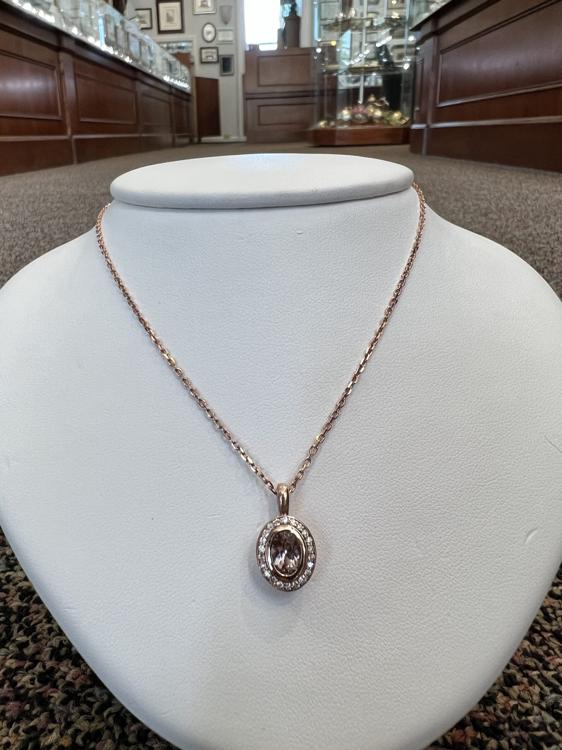 14k Rose Gold Oval Shaped Genuine Morganite & Diamond Bezel Set Halo Pendant - Image 14