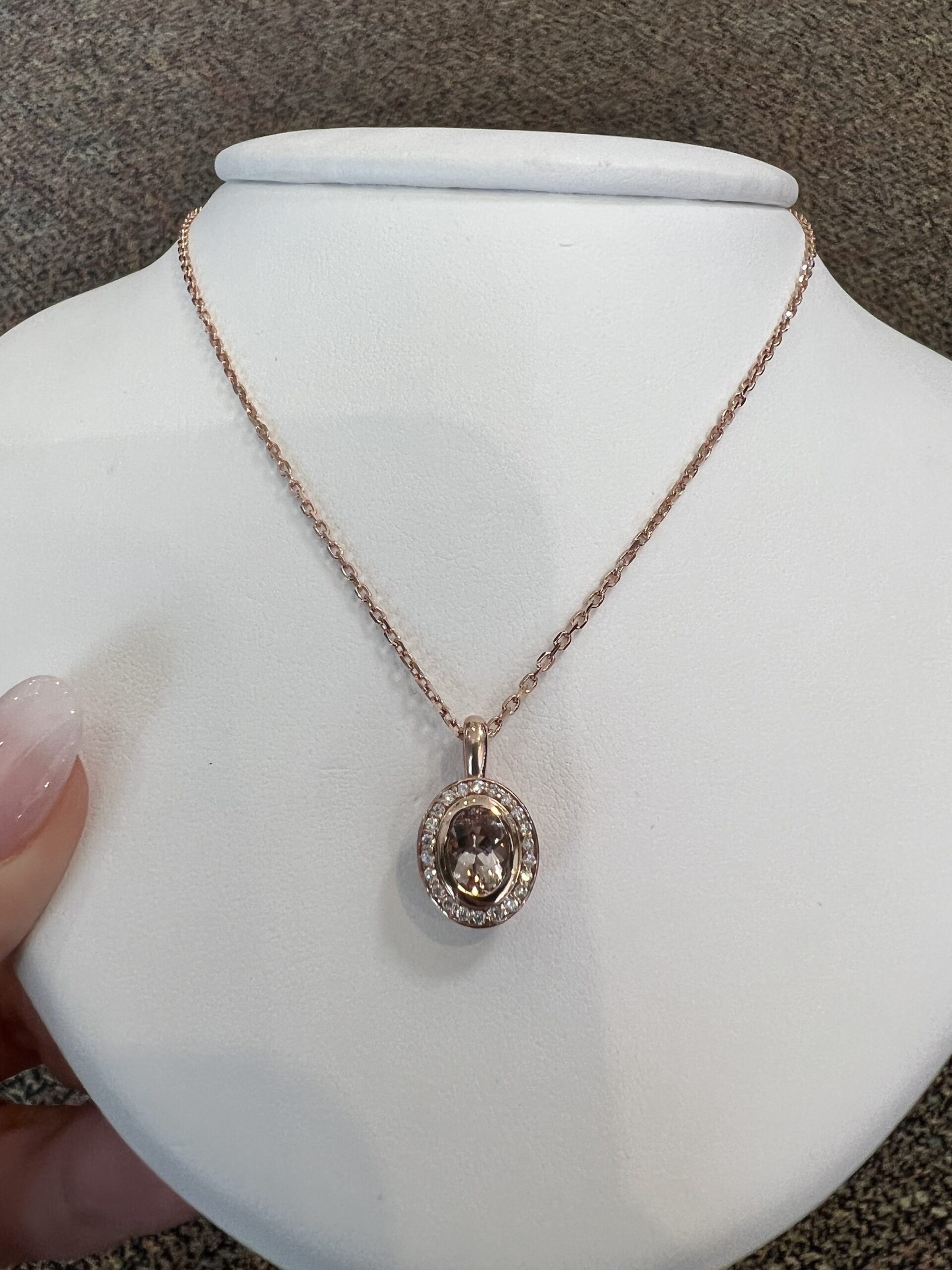 14k Rose Gold Oval Shaped Genuine Morganite & Diamond Bezel Set Halo Pendant - Image 17