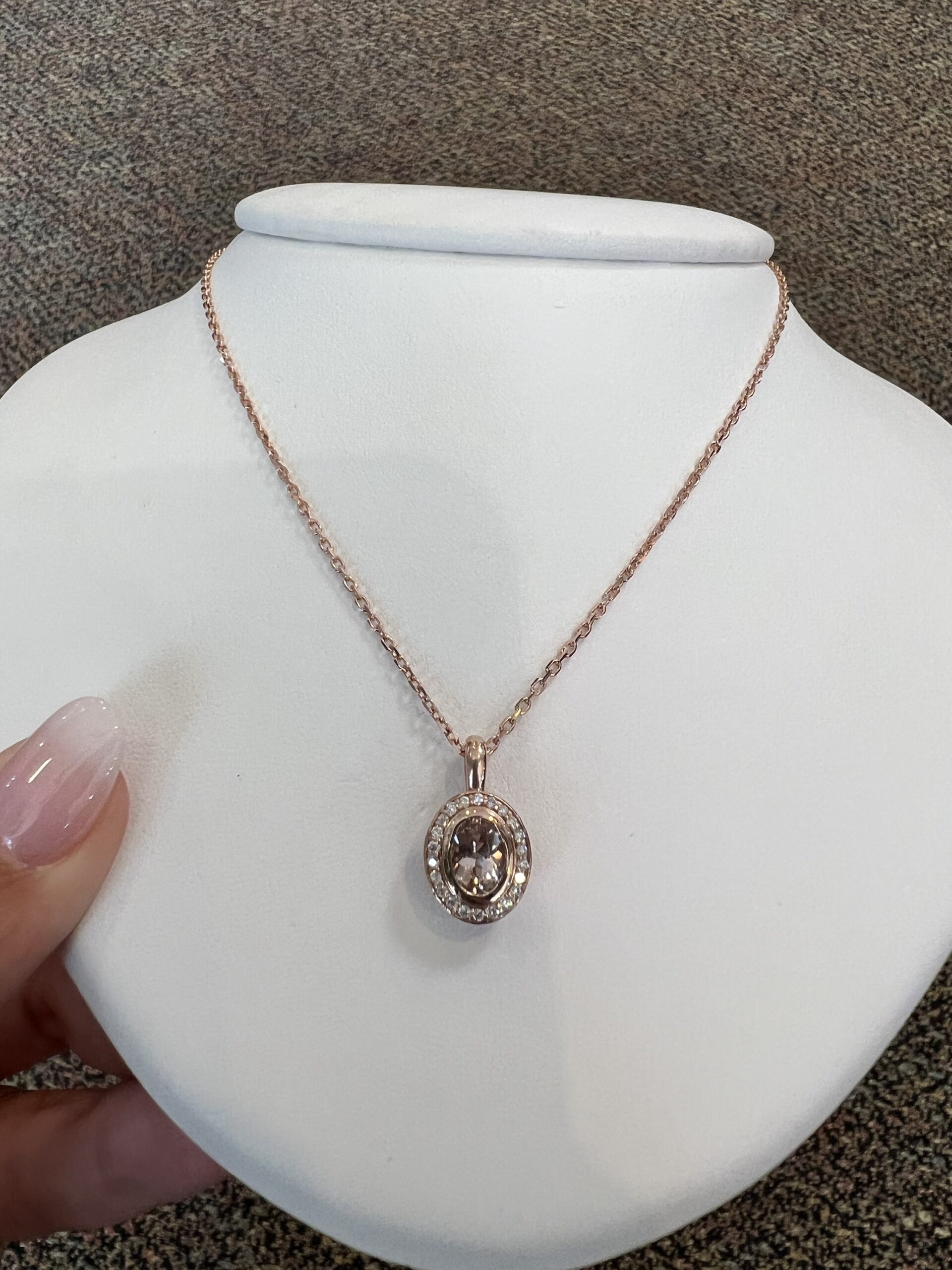 14k Rose Gold Oval Shaped Genuine Morganite & Diamond Bezel Set Halo Pendant - Image 18