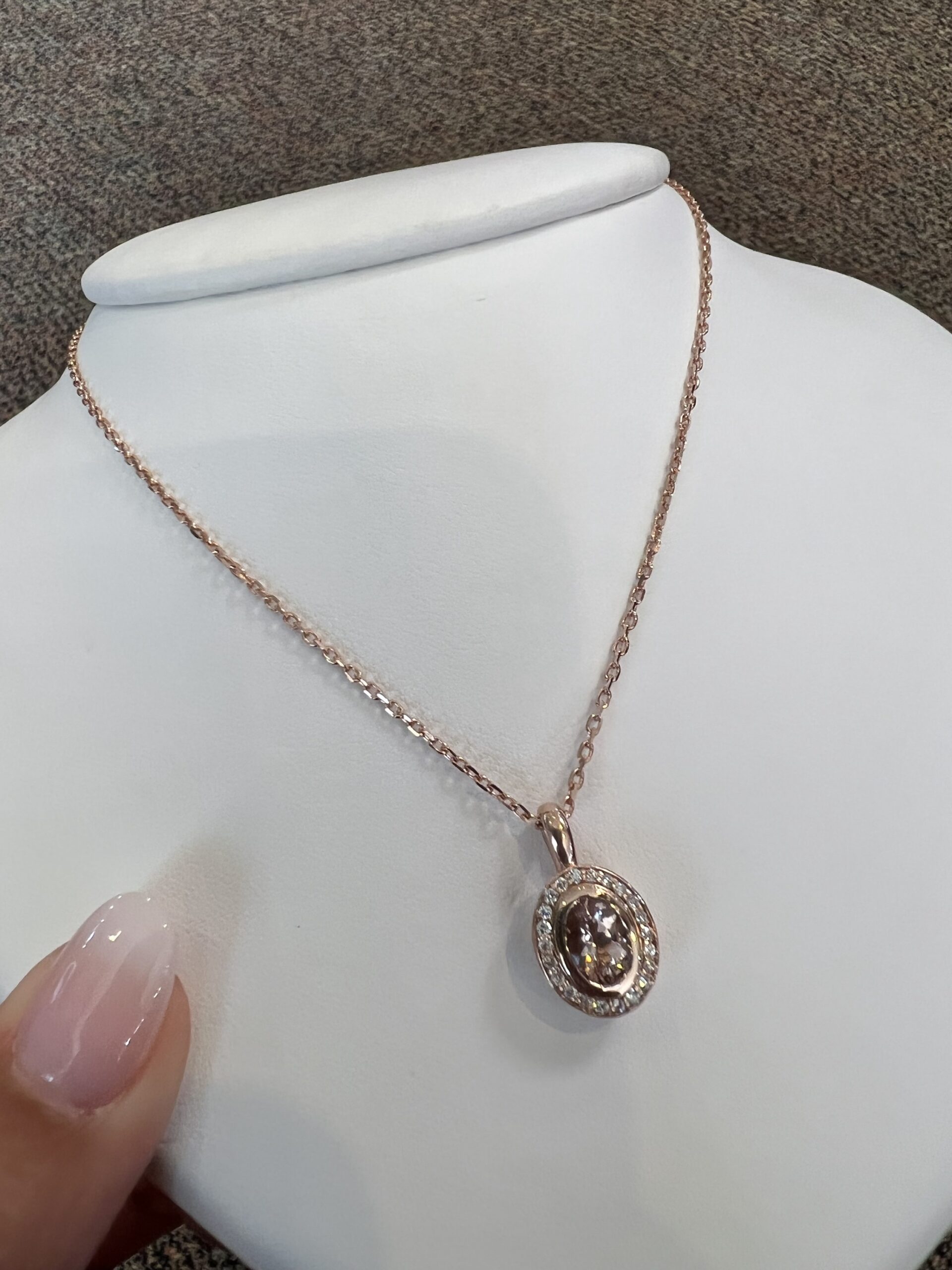 14k Rose Gold Oval Shaped Genuine Morganite & Diamond Bezel Set Halo Pendant - Image 19