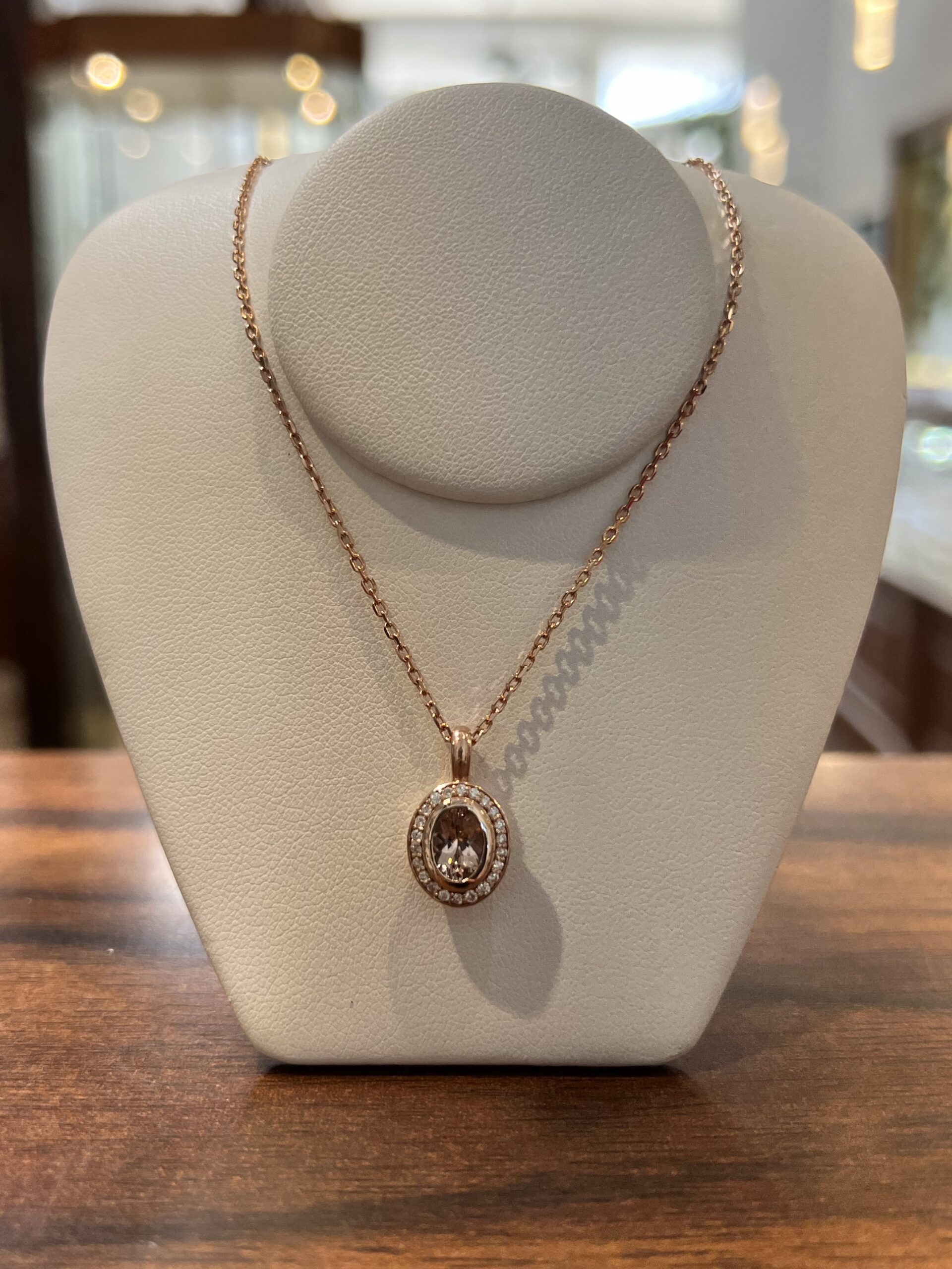 14k Rose Gold Oval Shaped Genuine Morganite & Diamond Bezel Set Halo Pendant - Image 30