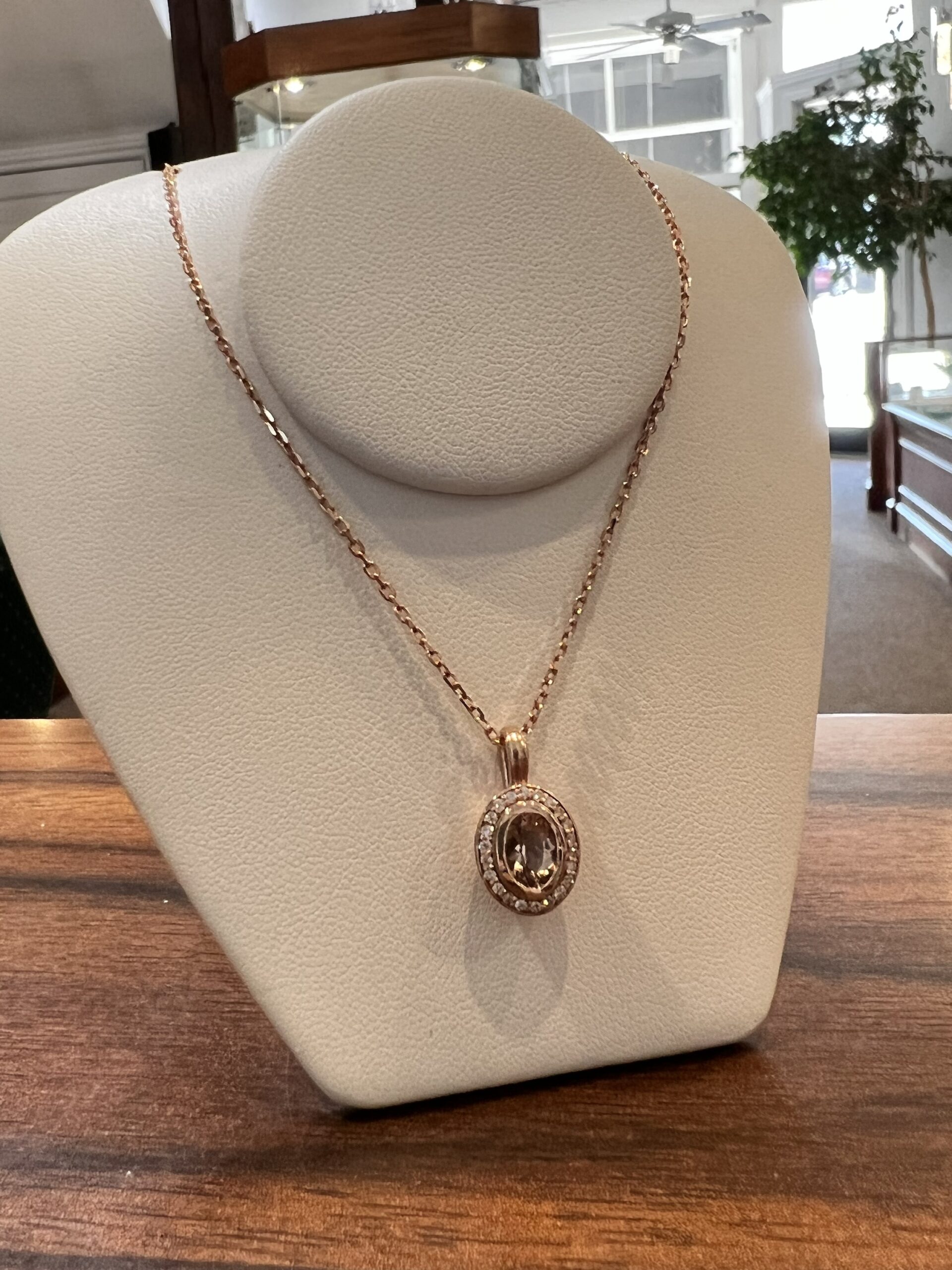 14k Rose Gold Oval Shaped Genuine Morganite & Diamond Bezel Set Halo Pendant - Image 31