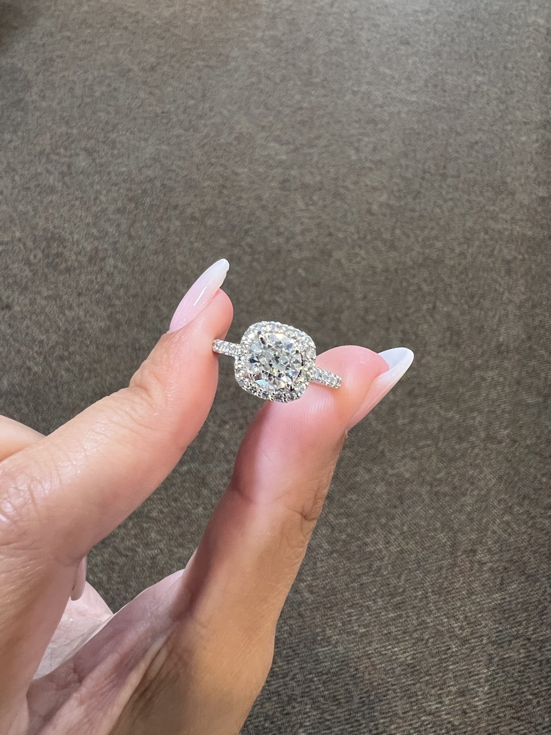 One-Of-A-Kind Custom Made 14k White Gold 1.49 Carat Old Mine Cut Diamond Halo Ring - Image 8