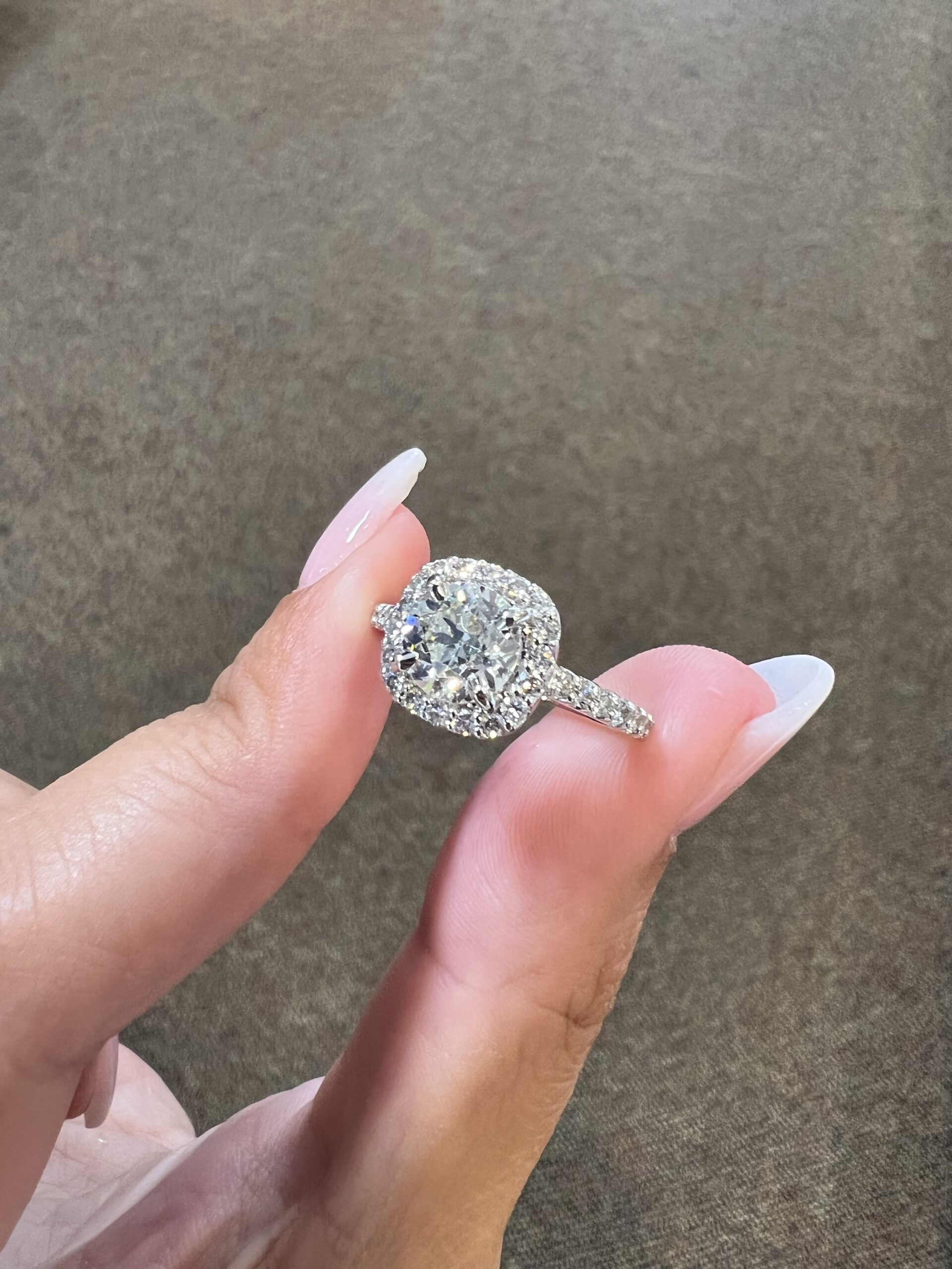 One-Of-A-Kind Custom Made 14k White Gold 1.49 Carat Old Mine Cut Diamond Halo Ring - Image 9