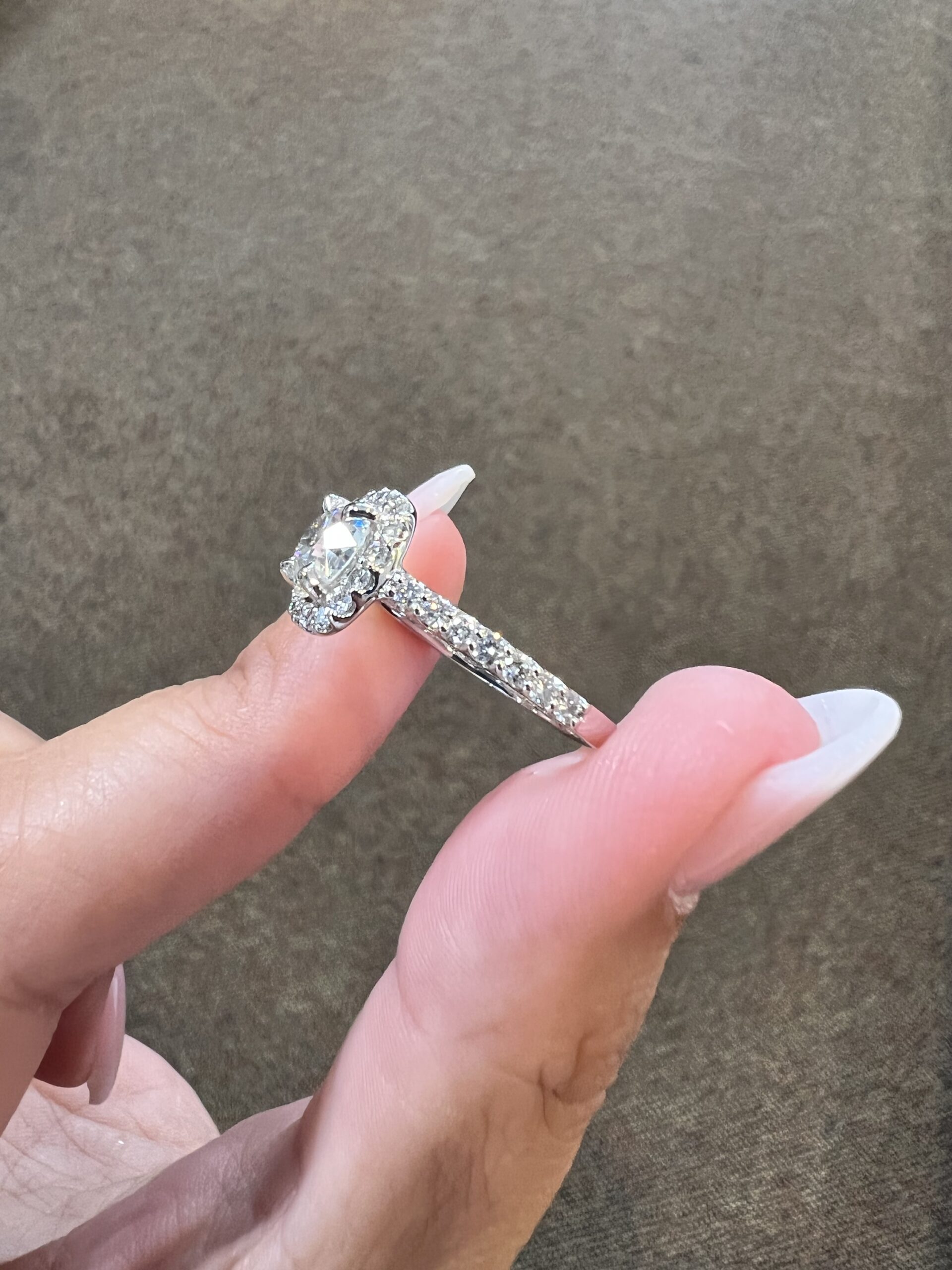 One-Of-A-Kind Custom Made 14k White Gold 1.49 Carat Old Mine Cut Diamond Halo Ring - Image 10