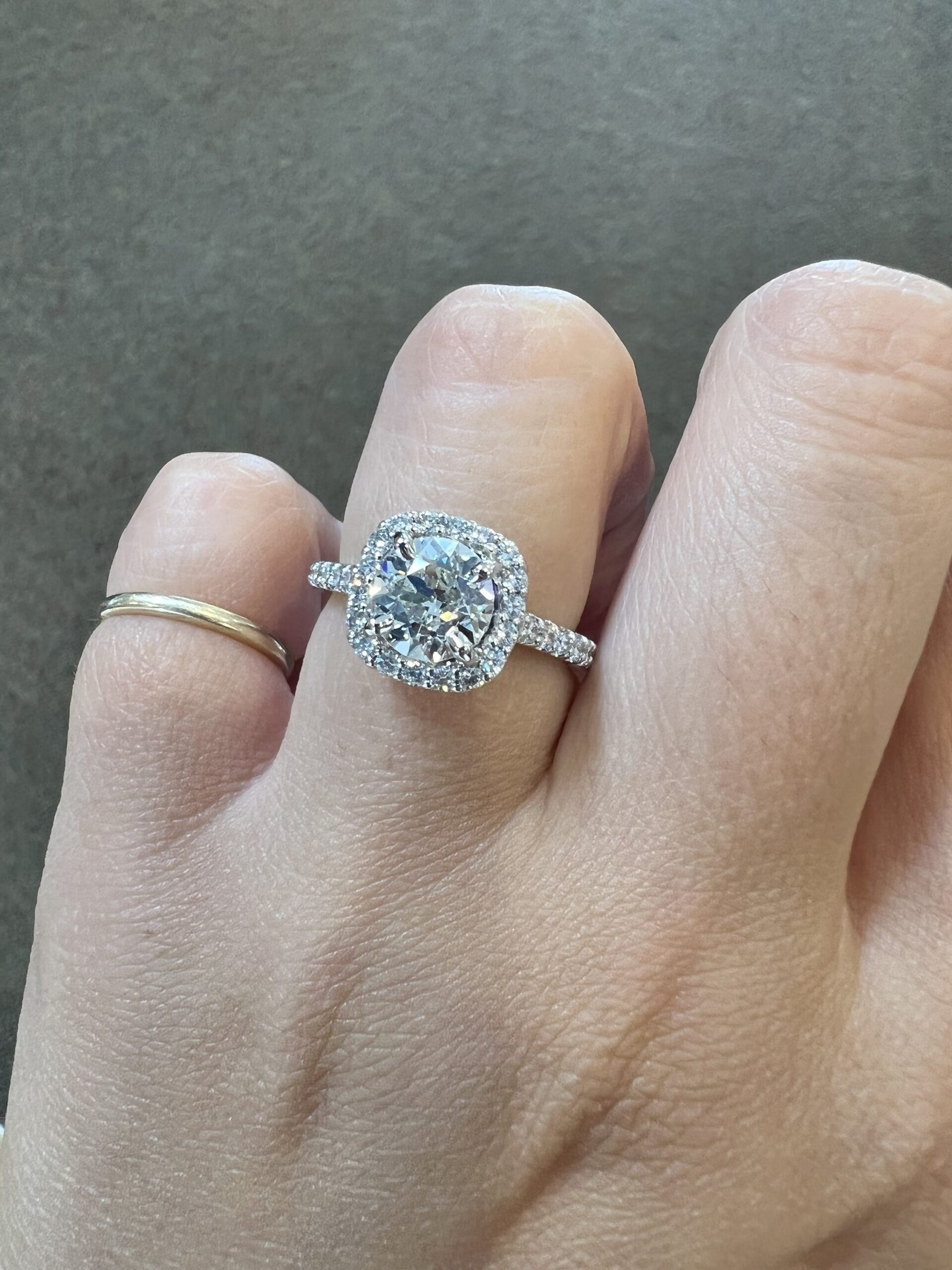 One-Of-A-Kind Custom Made 14k White Gold 1.49 Carat Old Mine Cut Diamond Halo Ring - Image 16