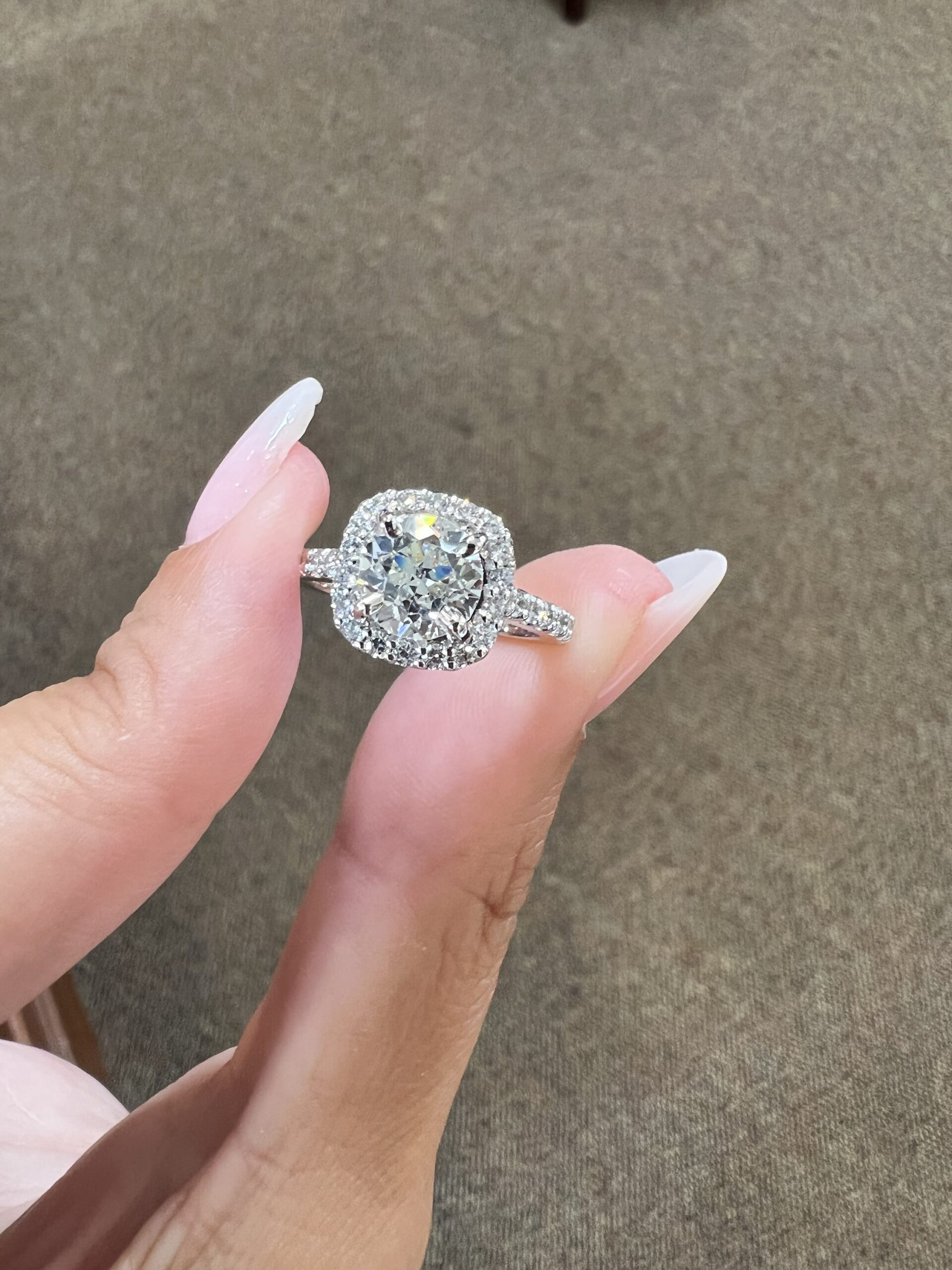 One-Of-A-Kind Custom Made 14k White Gold 1.49 Carat Old Mine Cut Diamond Halo Ring - Image 4