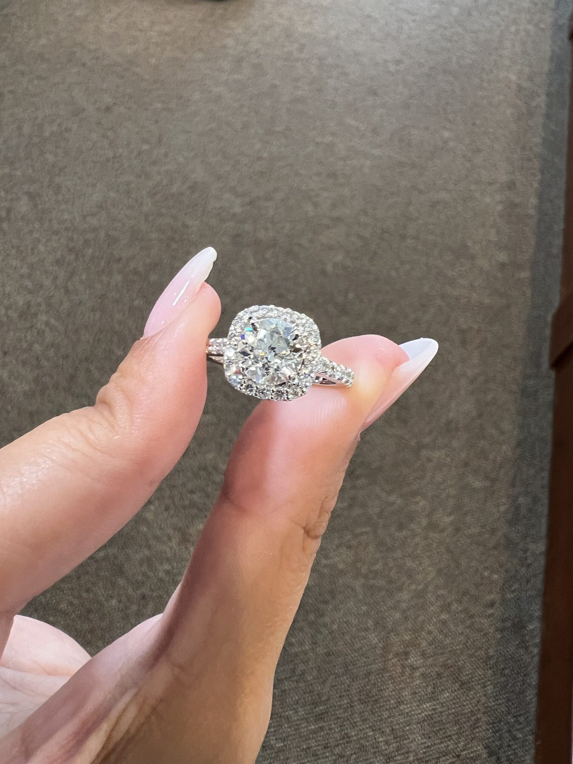 One-Of-A-Kind Custom Made 14k White Gold 1.49 Carat Old Mine Cut Diamond Halo Ring - Image 3