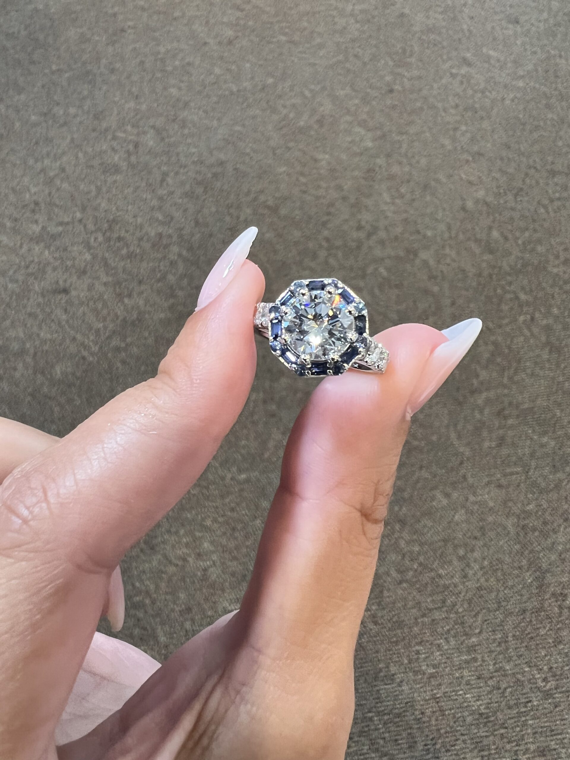 Custom Made Platinum Genuine Natural GIA Certified 1.82 Carat Round Brilliant Cut Diamond & Sapphire Cluster Ring - Image 3