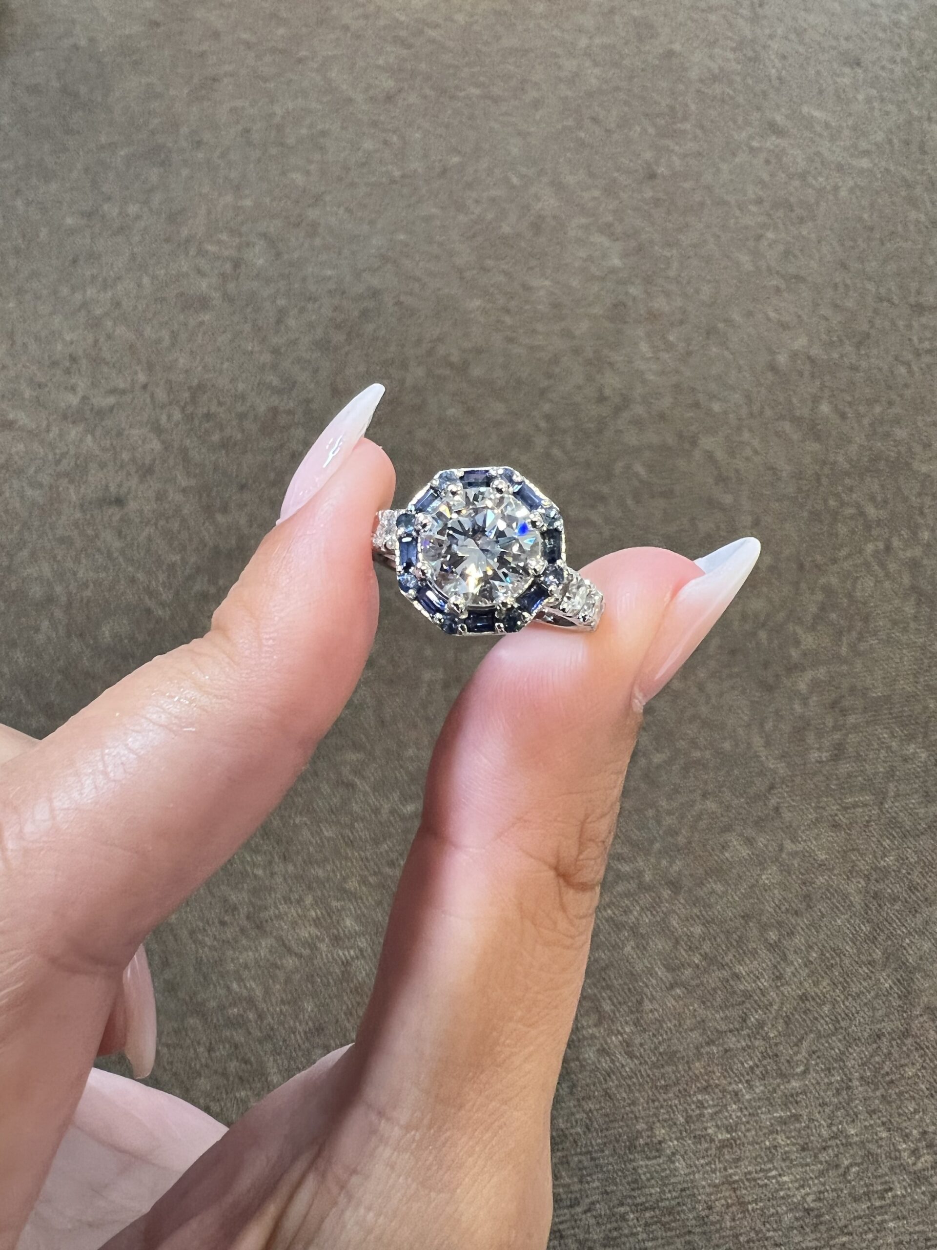 Custom Made Platinum Genuine Natural GIA Certified 1.82 Carat Round Brilliant Cut Diamond & Sapphire Cluster Ring - Image 2