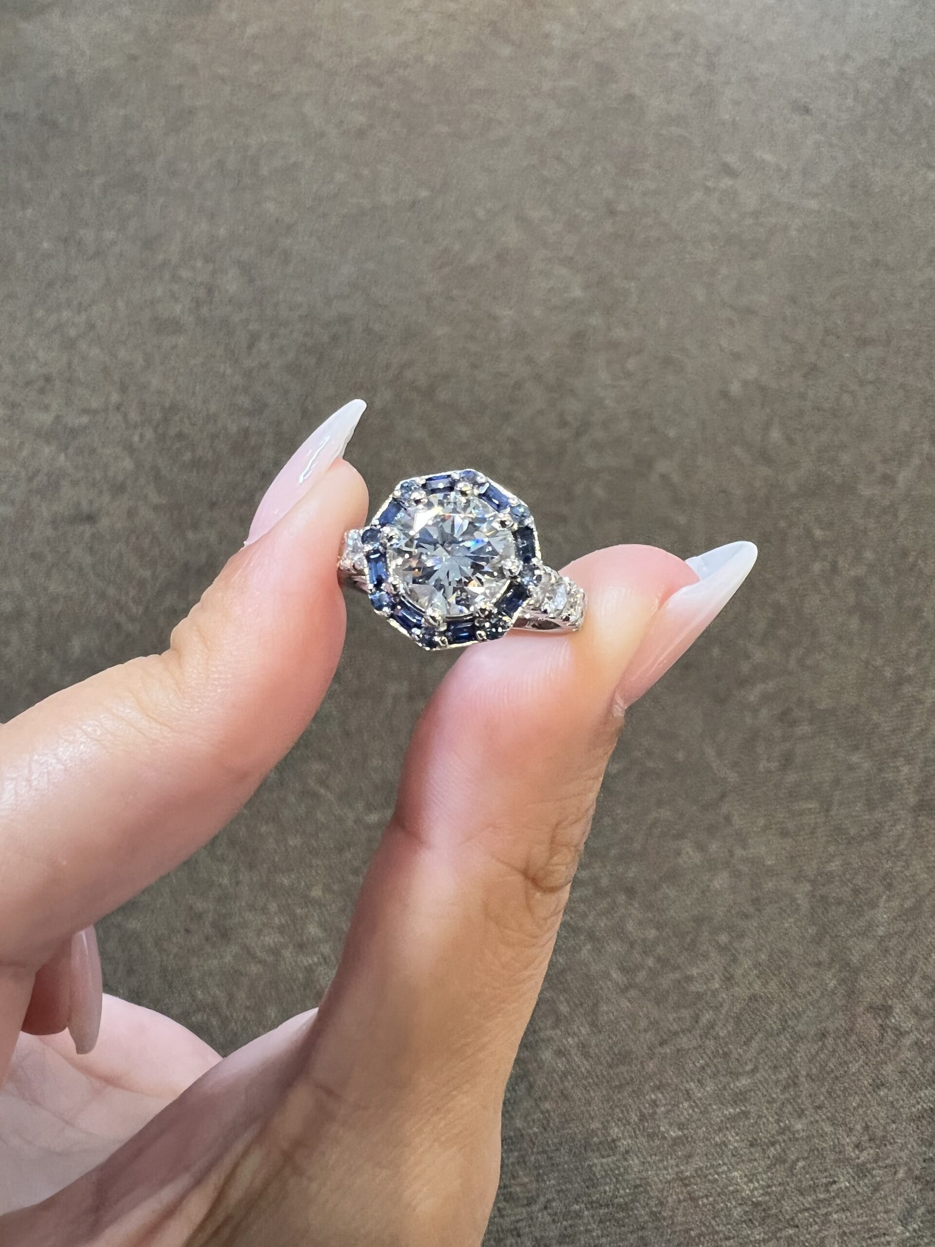 Custom Made Platinum Genuine Natural GIA Certified 1.82 Carat Round Brilliant Cut Diamond & Sapphire Cluster Ring