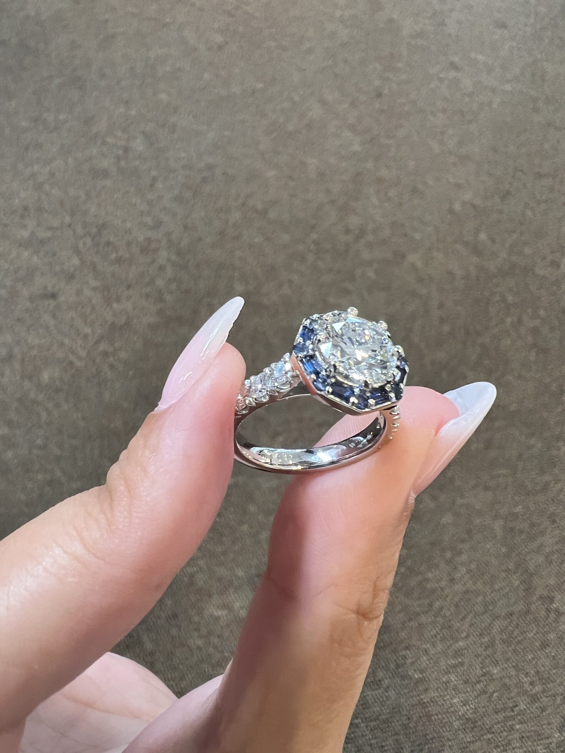 Custom Made Platinum Genuine Natural GIA Certified 1.82 Carat Round Brilliant Cut Diamond & Sapphire Cluster Ring - Image 4