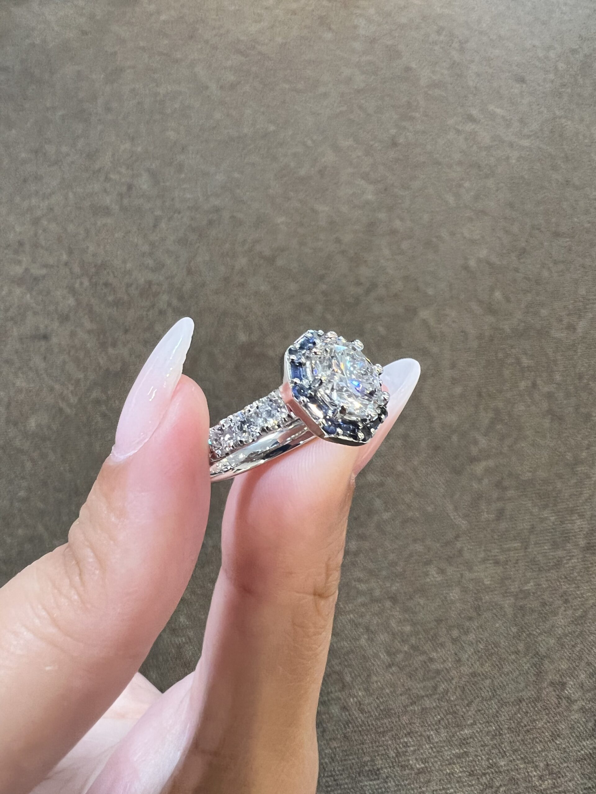 Custom Made Platinum Genuine Natural GIA Certified 1.82 Carat Round Brilliant Cut Diamond & Sapphire Cluster Ring - Image 5