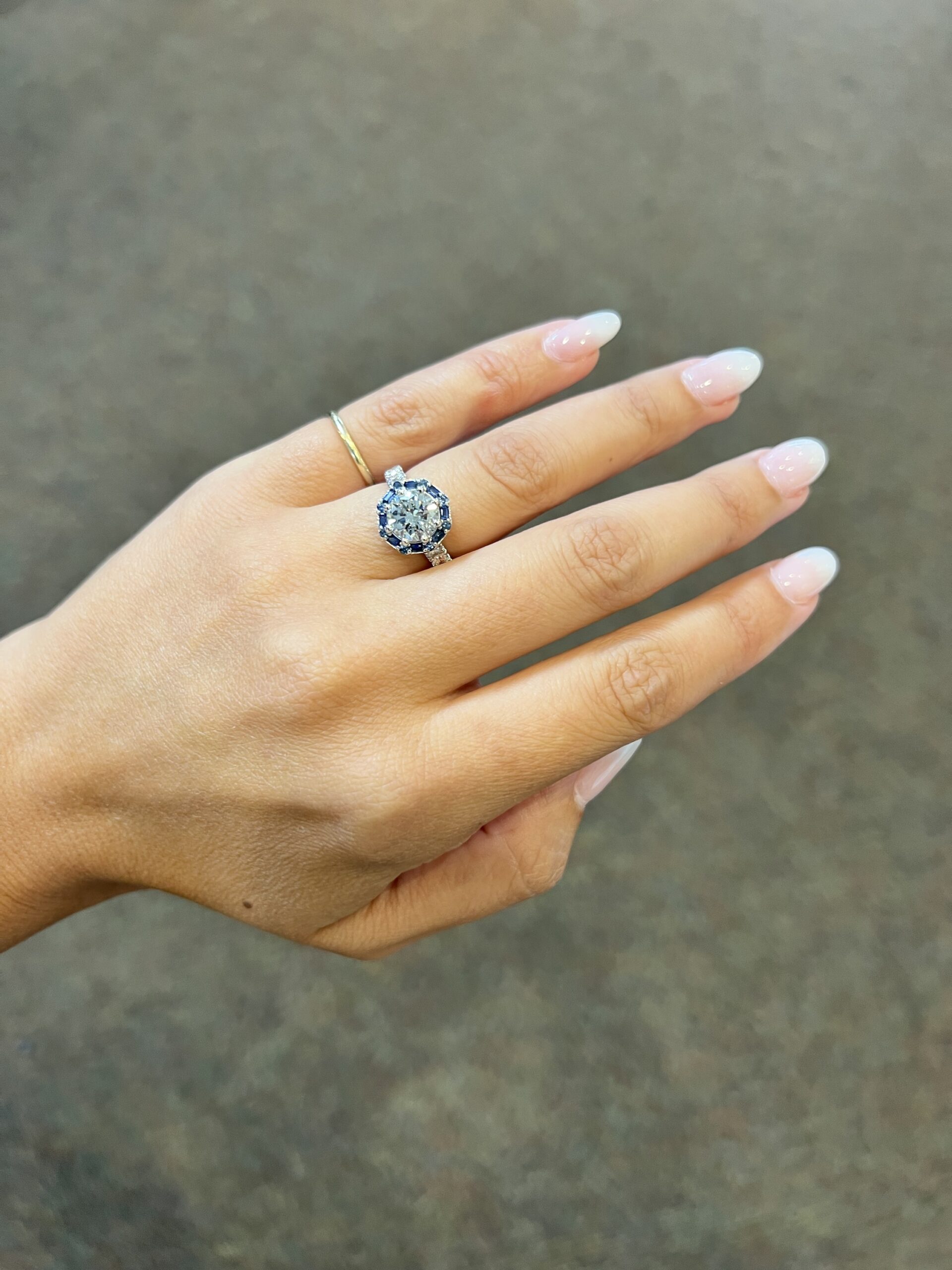 Custom Made Platinum Genuine Natural GIA Certified 1.82 Carat Round Brilliant Cut Diamond & Sapphire Cluster Ring - Image 15