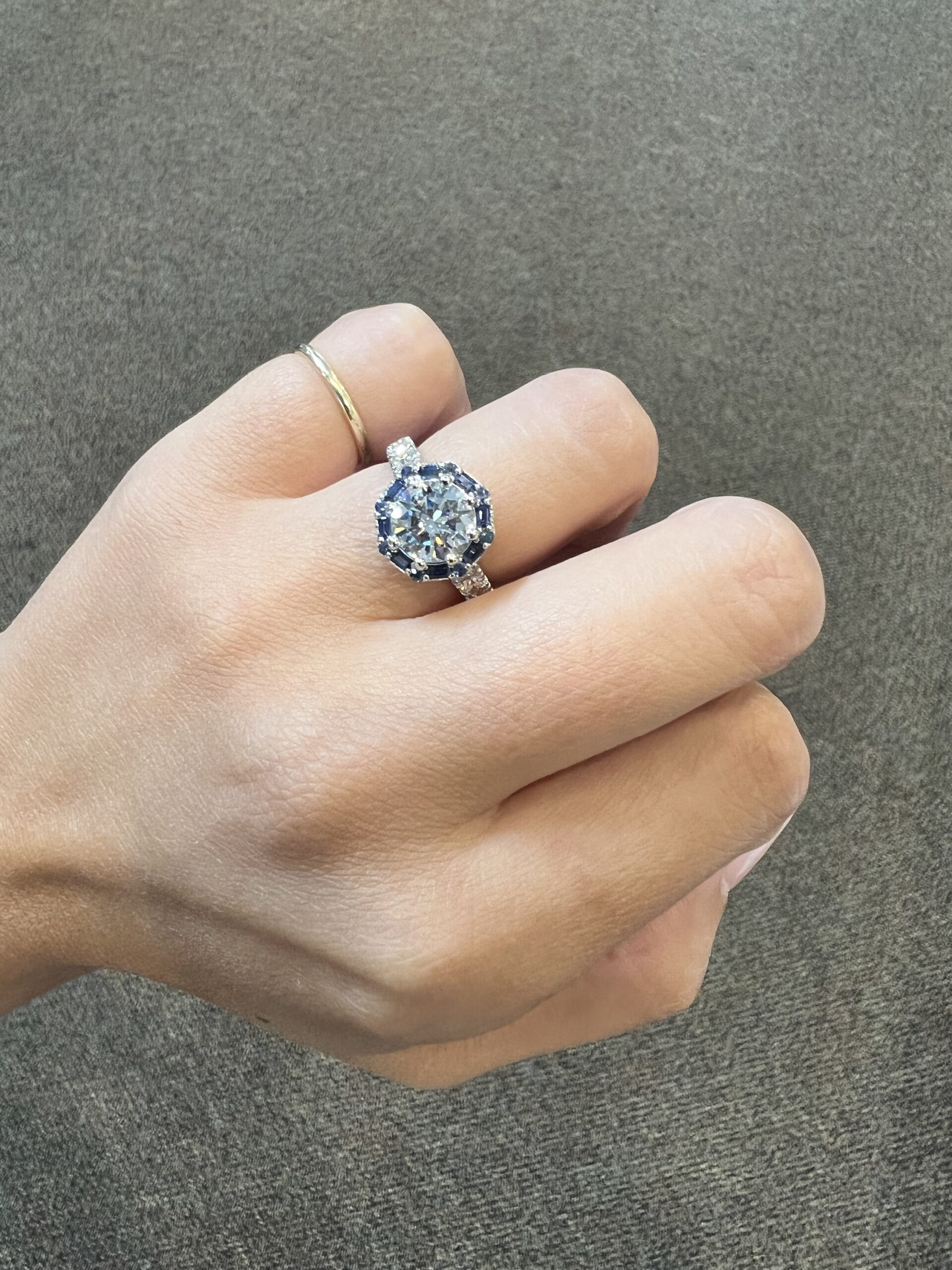 Custom Made Platinum Genuine Natural GIA Certified 1.82 Carat Round Brilliant Cut Diamond & Sapphire Cluster Ring - Image 14