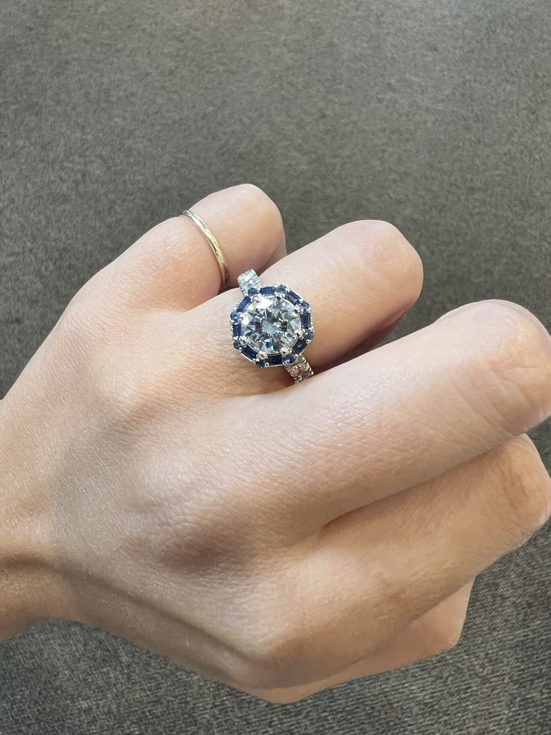 Custom Made Platinum Genuine Natural GIA Certified 1.82 Carat Round Brilliant Cut Diamond & Sapphire Cluster Ring - Image 13