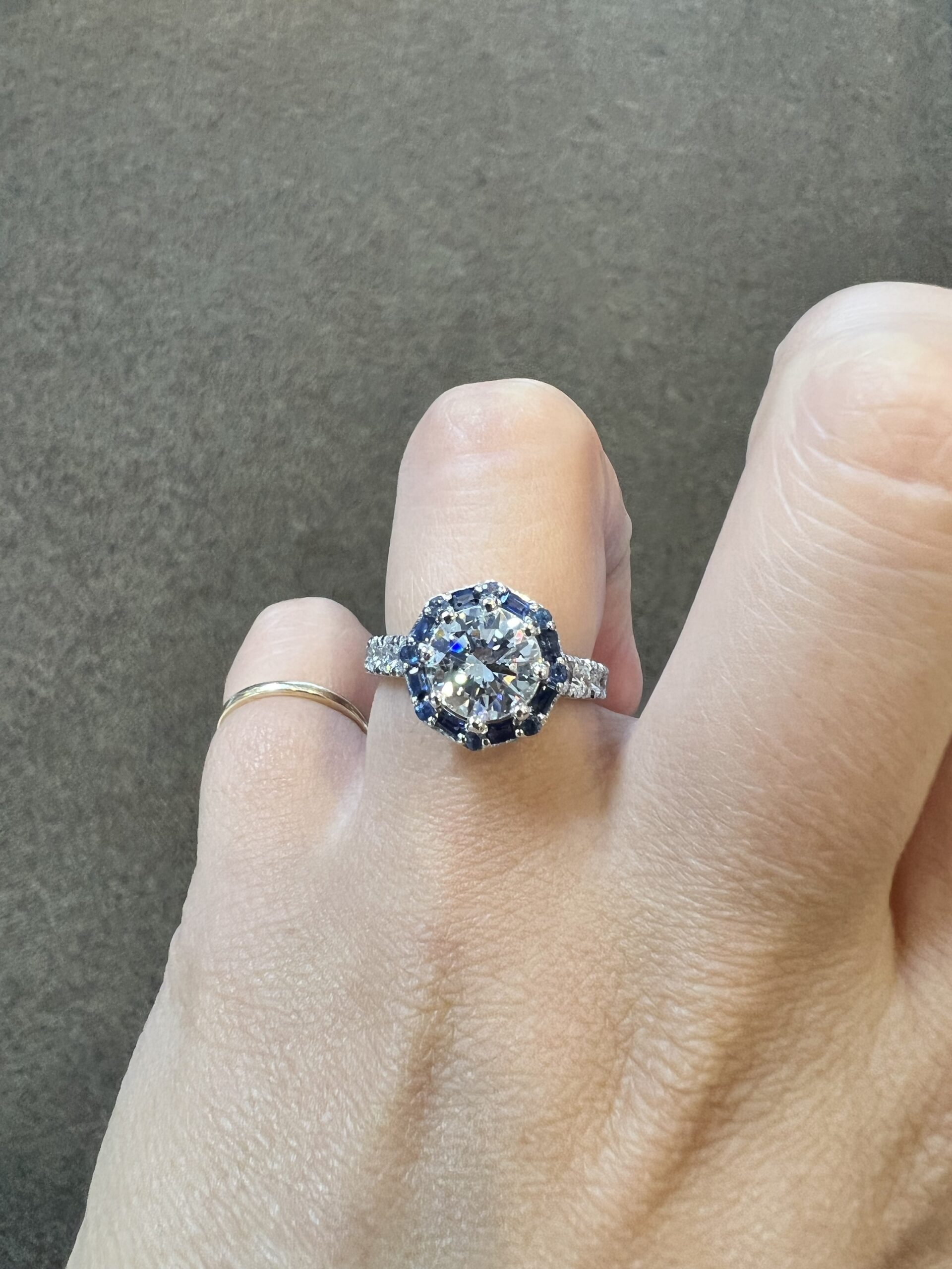 Custom Made Platinum Genuine Natural GIA Certified 1.82 Carat Round Brilliant Cut Diamond & Sapphire Cluster Ring - Image 12