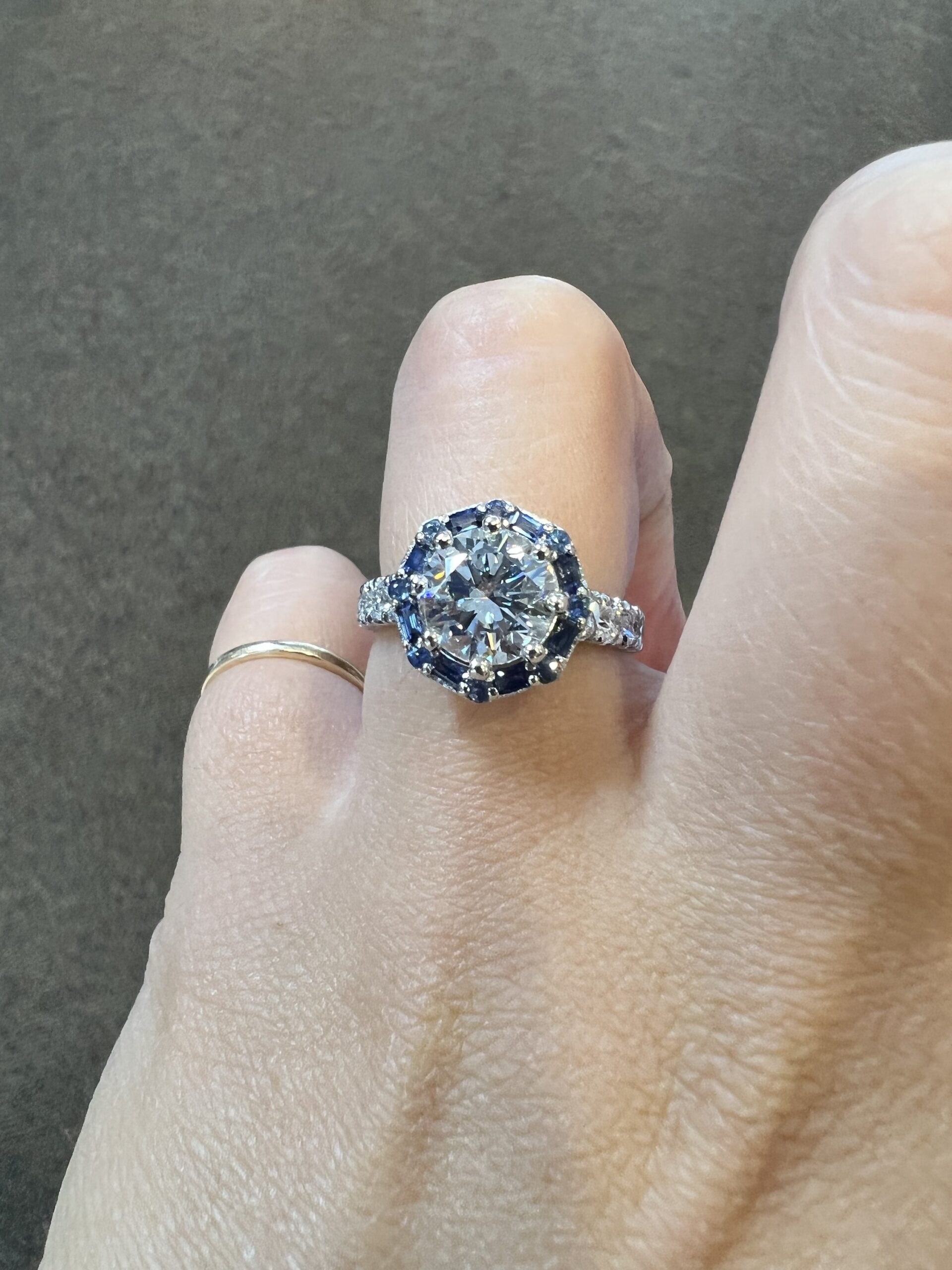 Custom Made Platinum Genuine Natural GIA Certified 1.82 Carat Round Brilliant Cut Diamond & Sapphire Cluster Ring - Image 11