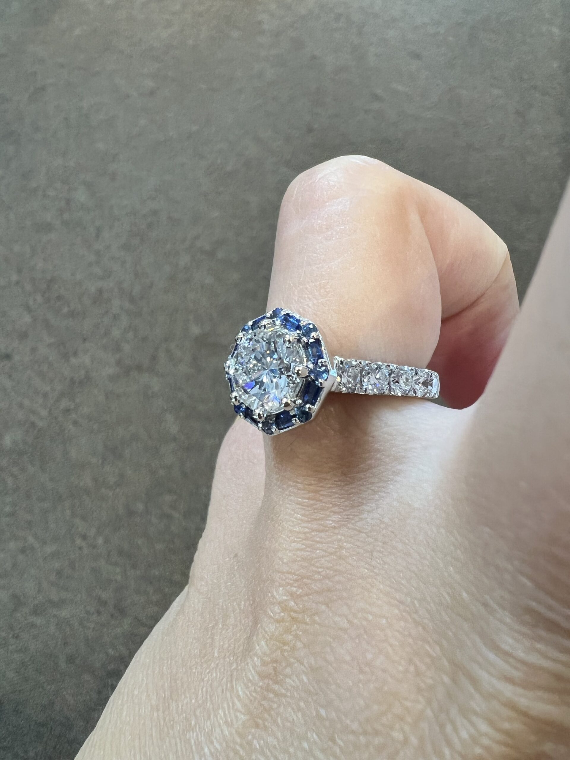 Custom Made Platinum Genuine Natural GIA Certified 1.82 Carat Round Brilliant Cut Diamond & Sapphire Cluster Ring - Image 10