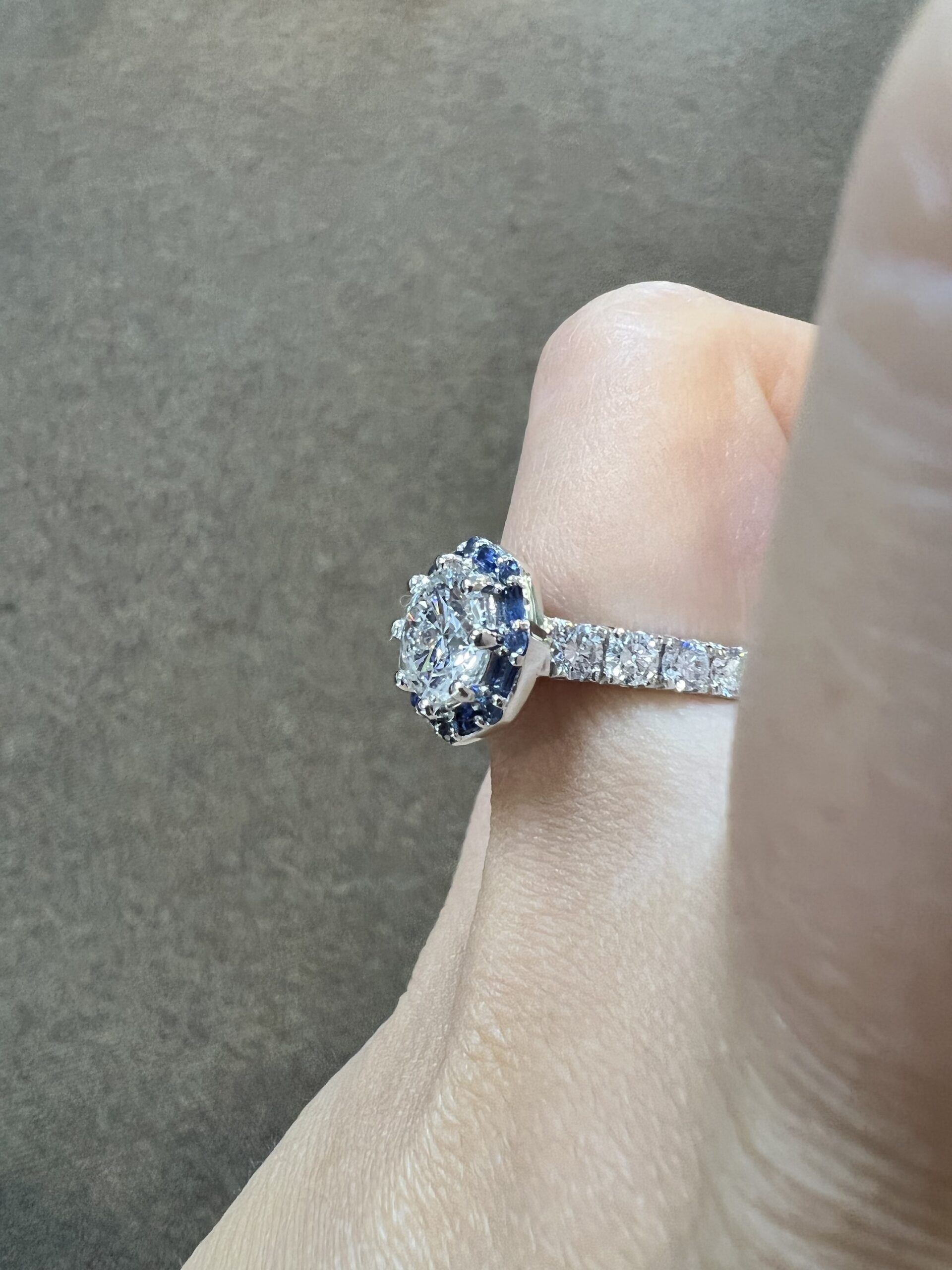 Custom Made Platinum Genuine Natural GIA Certified 1.82 Carat Round Brilliant Cut Diamond & Sapphire Cluster Ring - Image 9