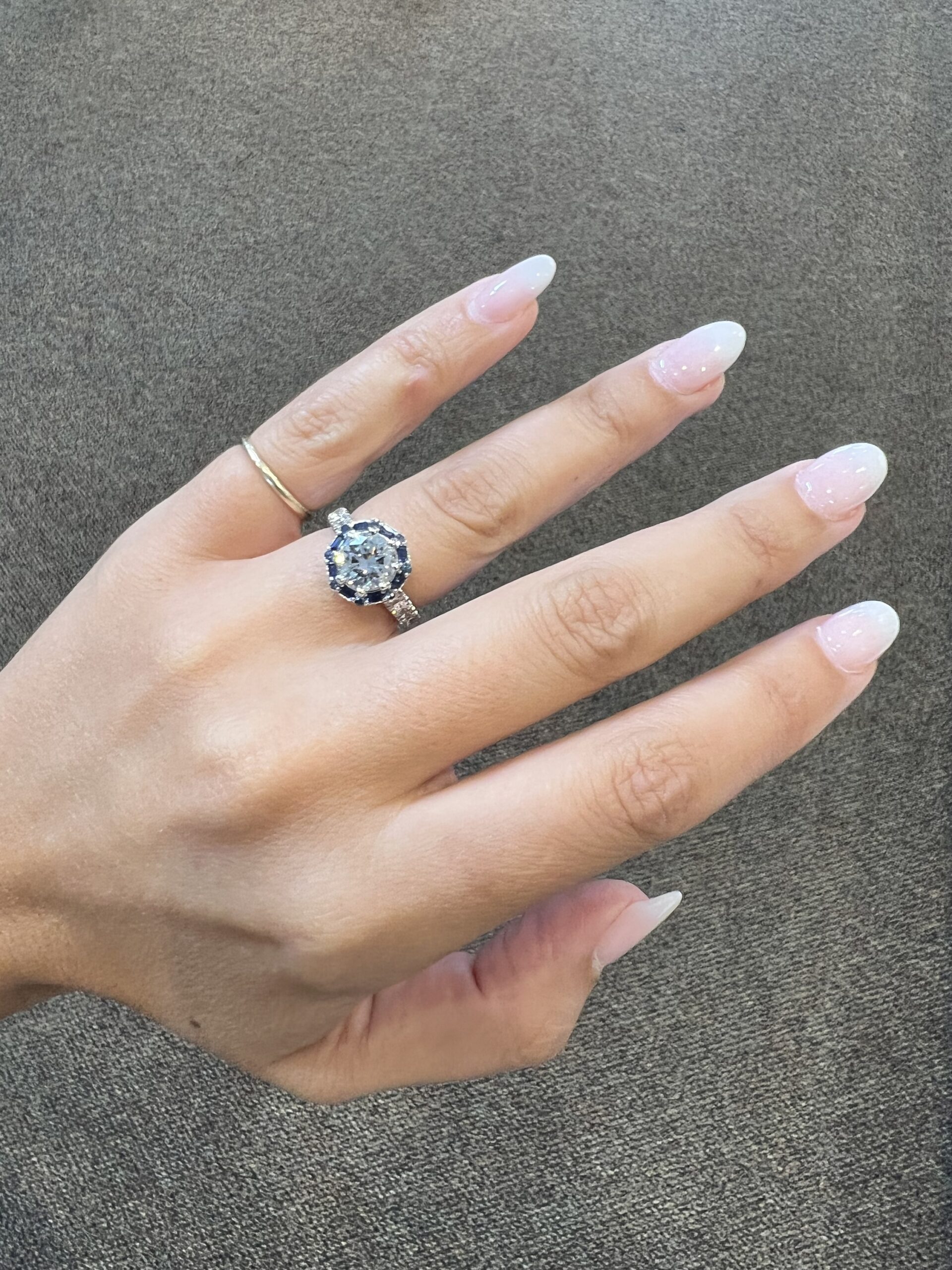 Custom Made Platinum Genuine Natural GIA Certified 1.82 Carat Round Brilliant Cut Diamond & Sapphire Cluster Ring - Image 8