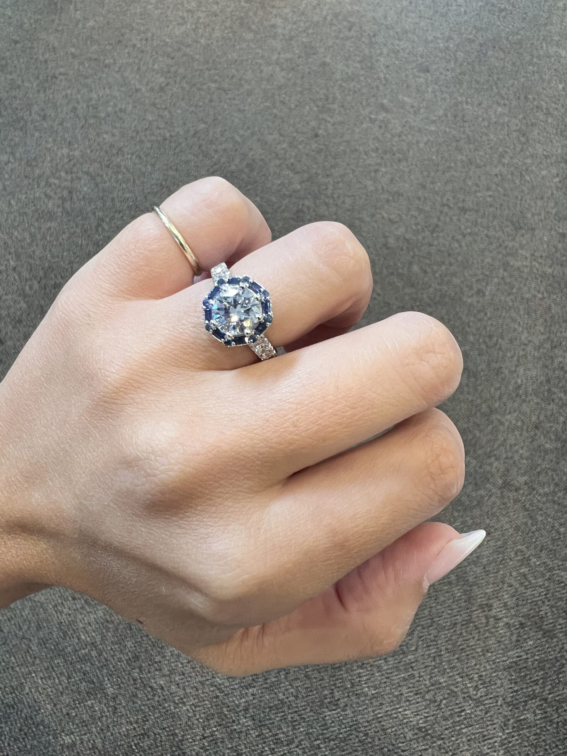 Custom Made Platinum Genuine Natural GIA Certified 1.82 Carat Round Brilliant Cut Diamond & Sapphire Cluster Ring - Image 7