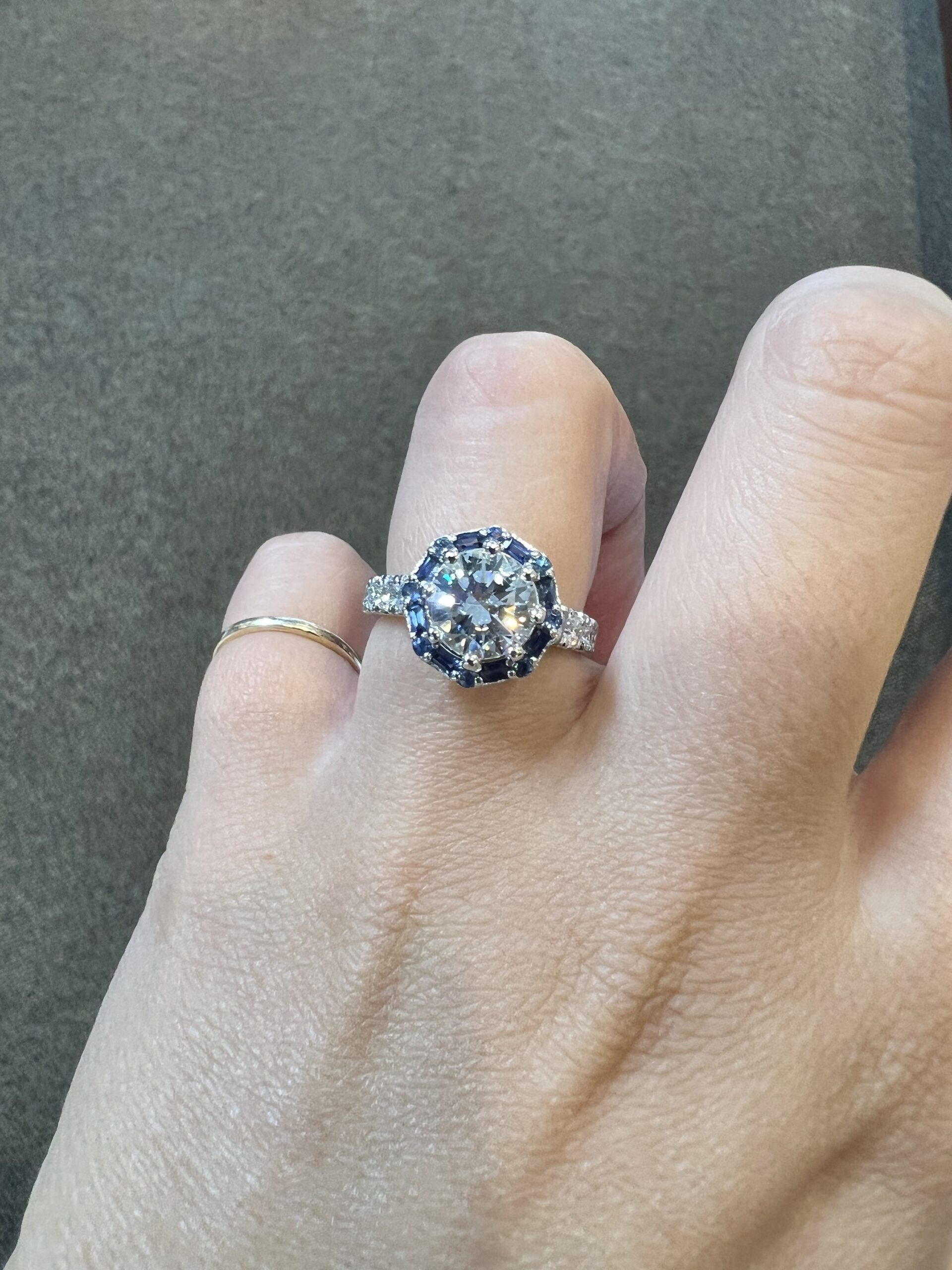 Custom Made Platinum Genuine Natural GIA Certified 1.82 Carat Round Brilliant Cut Diamond & Sapphire Cluster Ring - Image 6