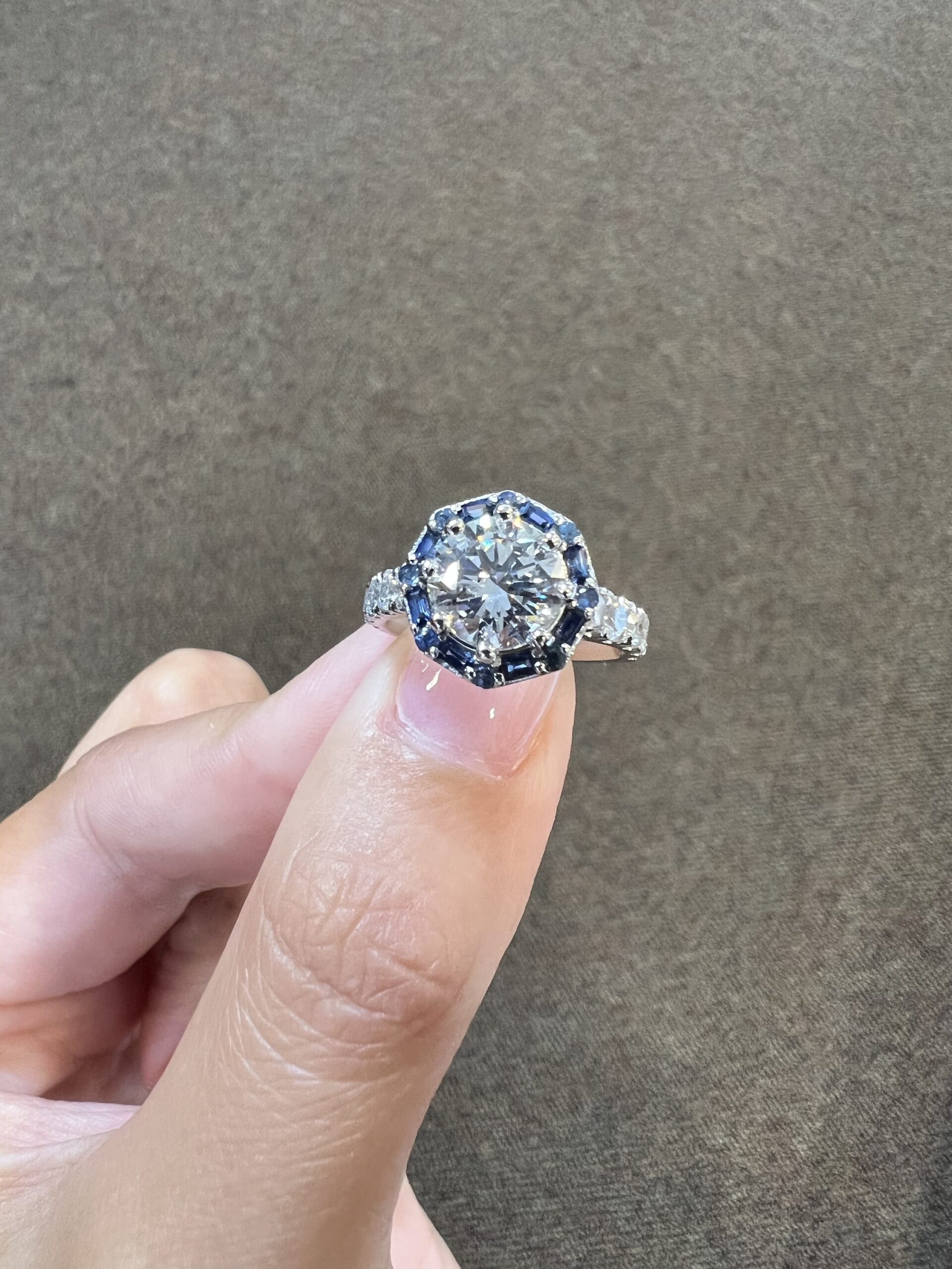 Custom Made Platinum Genuine Natural GIA Certified 1.82 Carat Round Brilliant Cut Diamond & Sapphire Cluster Ring - Image 18