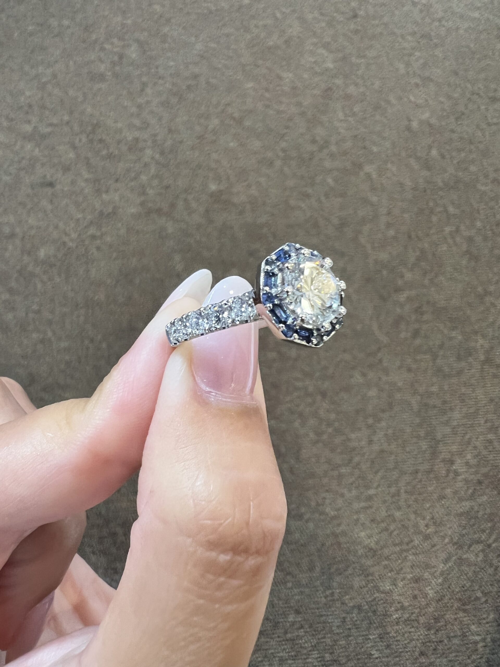 Custom Made Platinum Genuine Natural GIA Certified 1.82 Carat Round Brilliant Cut Diamond & Sapphire Cluster Ring - Image 19