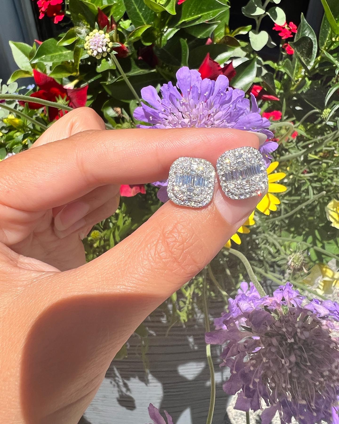 14k White Gold 1.31 Cttw Genuine Round Brilliant Cut Diamond & Diamond Baguette Cluster Stud Earrings - Image 14