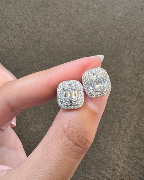 14k White Gold 1.31 Cttw Genuine Round Brilliant Cut Diamond & Diamond Baguette Cluster Stud Earrings