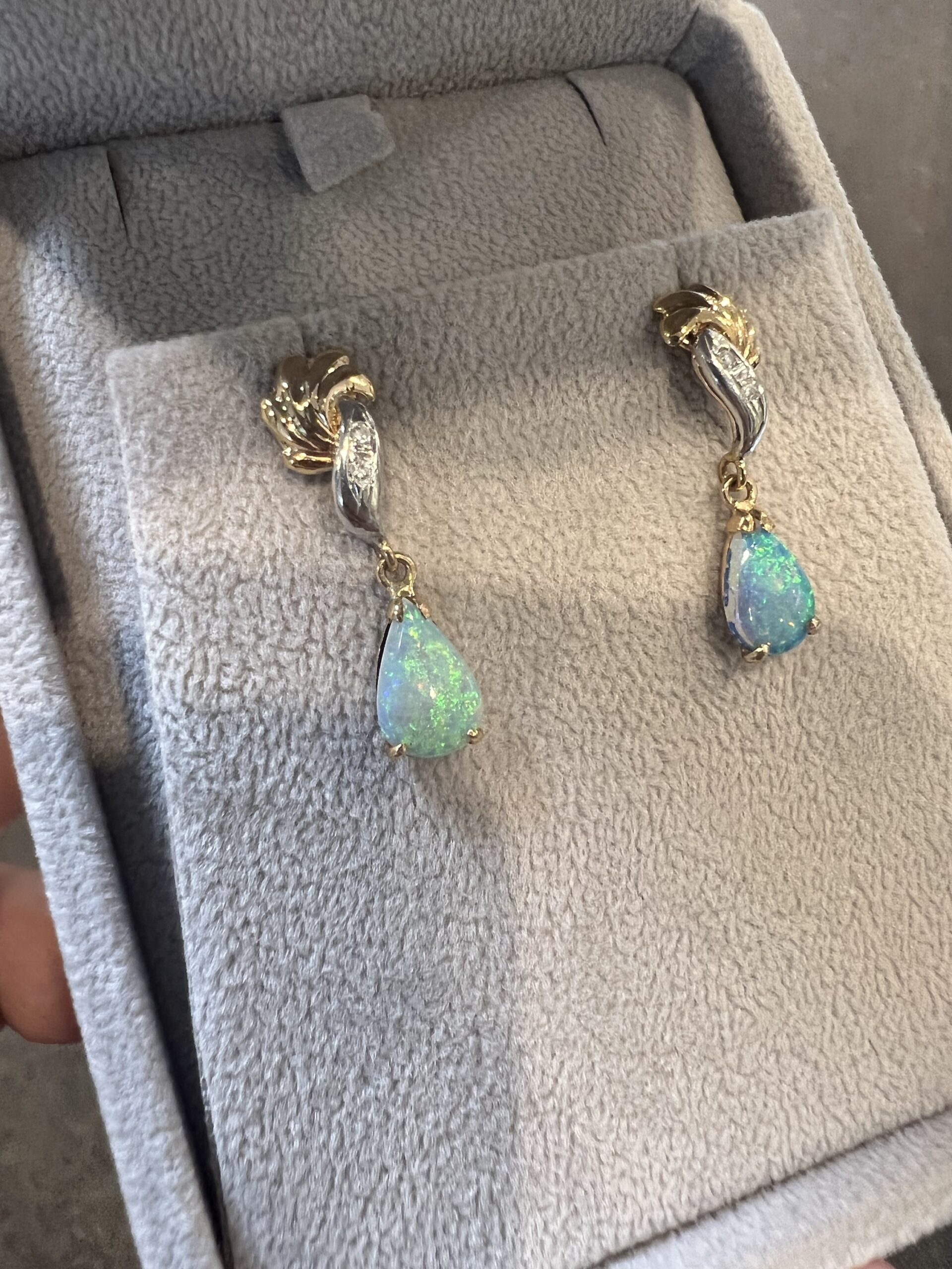 Vintage 14k 2tone Genuine Opal & Diamond Dangle Stud Earrings - Image 3