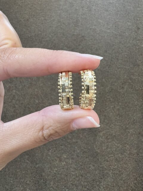 14k Yellow Gold Beaded & Patchwork Motif Hoop Style Stud Earrings