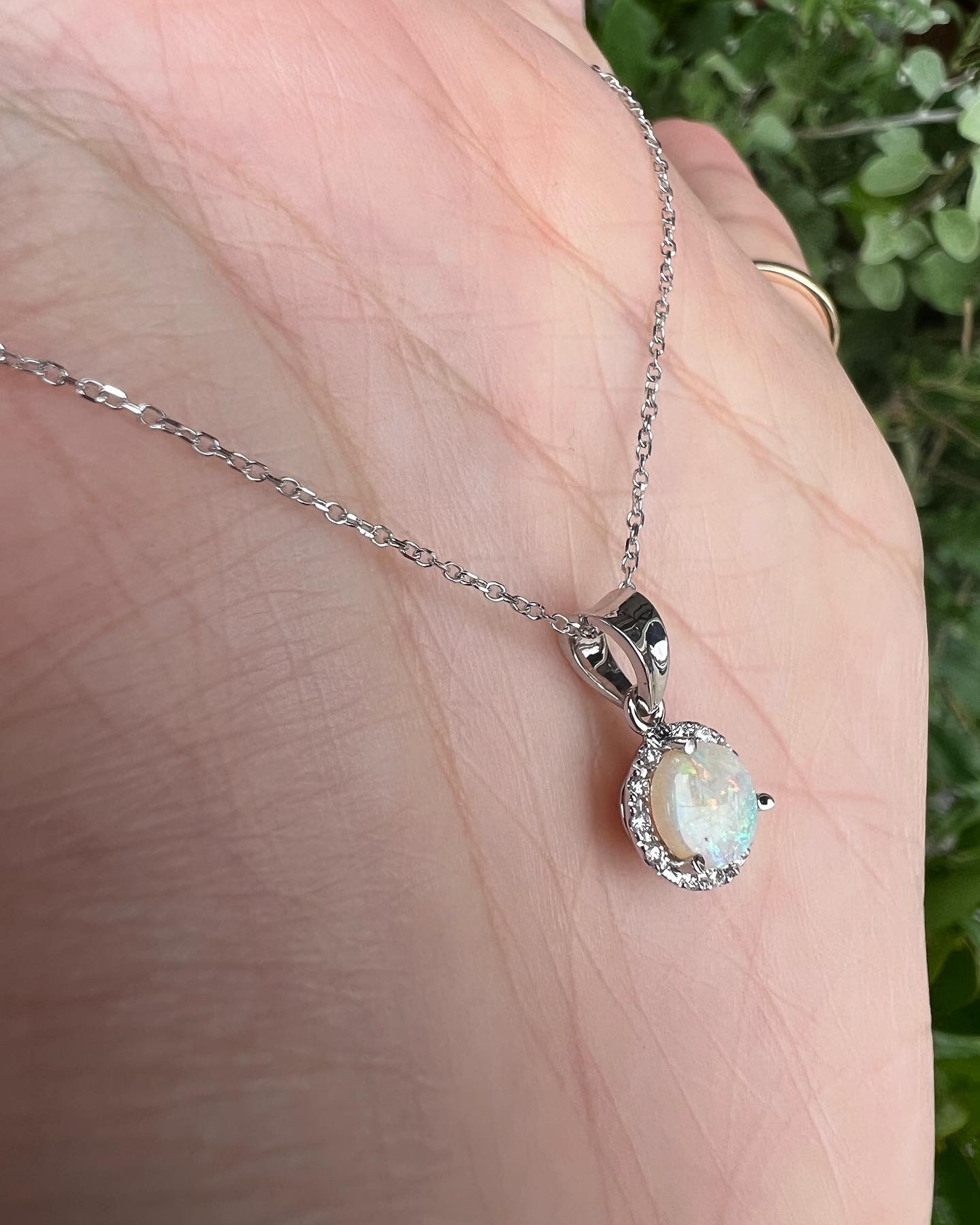 14k White Gold Genuine 1/2 Cttw Opal & Diamond Halo Pendant - Image 6