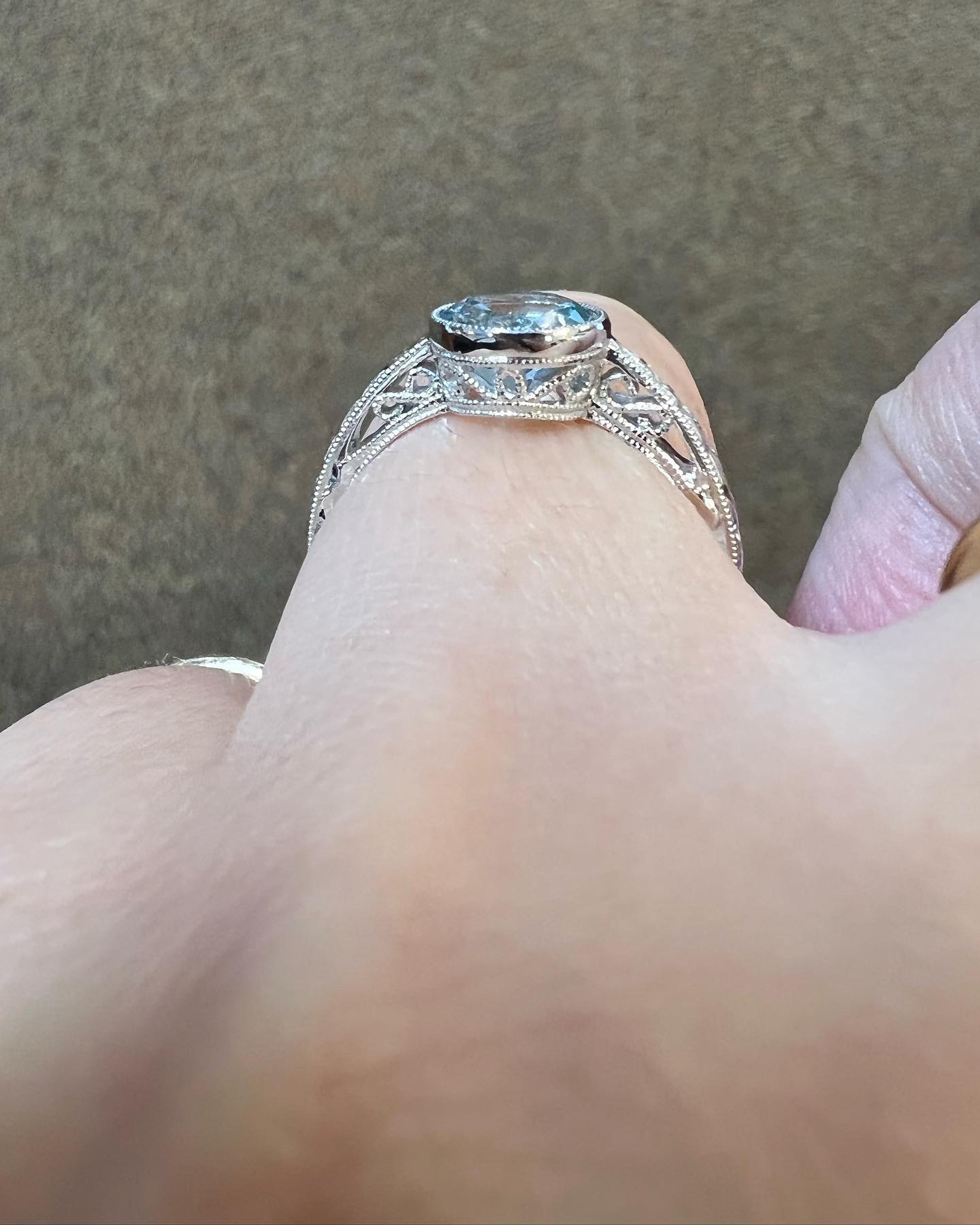 14k White Gold Genuine 1.26 Cttw Aquamarine Bezel Ring With Filigree & Engraving - Image 17