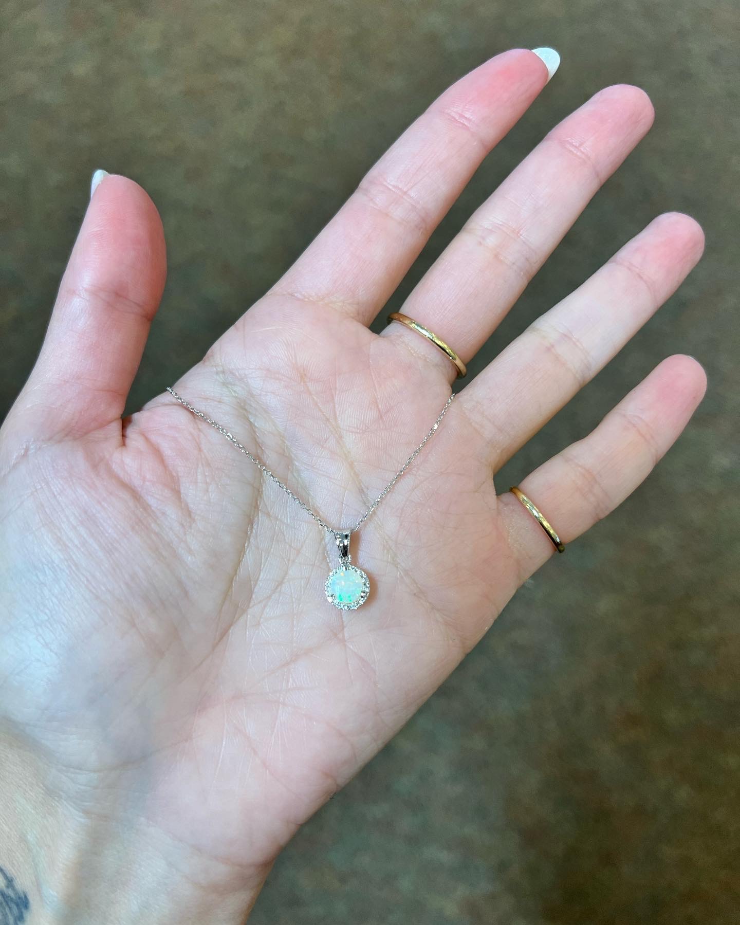 14k White Gold Genuine 1/2 Cttw Opal & Diamond Halo Pendant - Image 2