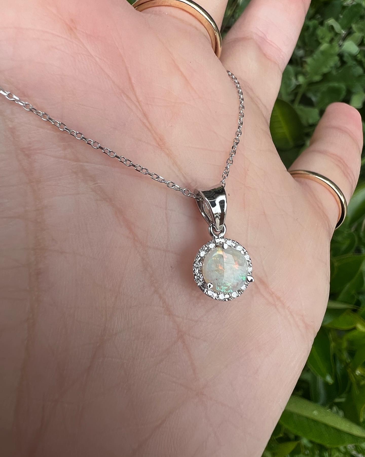 14k White Gold Genuine 1/2 Cttw Opal & Diamond Halo Pendant - Image 4