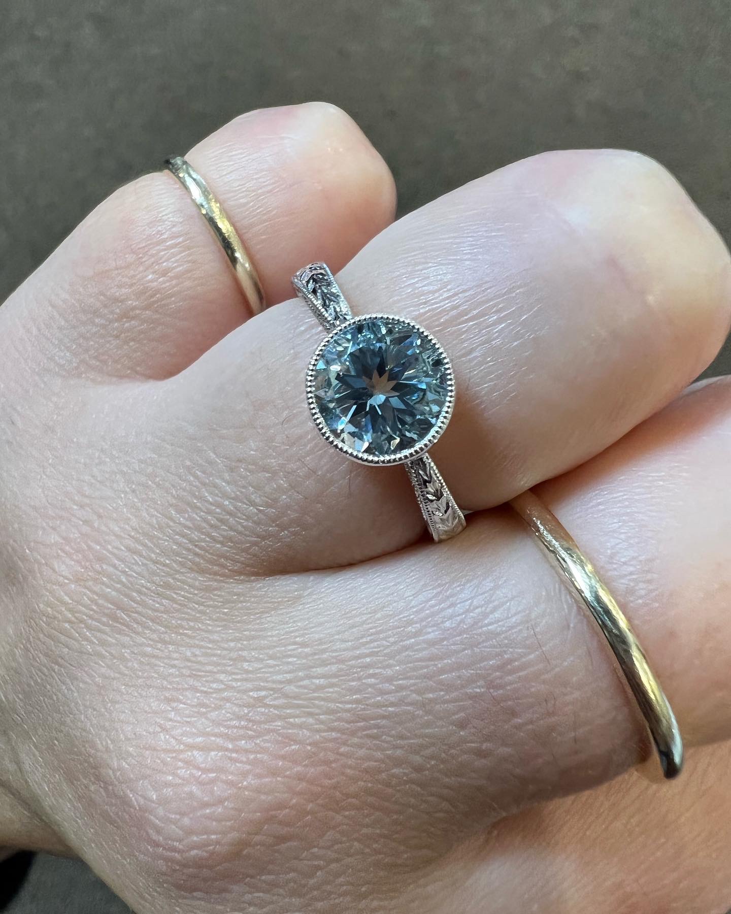 14k White Gold Genuine 1.26 Cttw Aquamarine Bezel Ring With Filigree & Engraving - Image 12