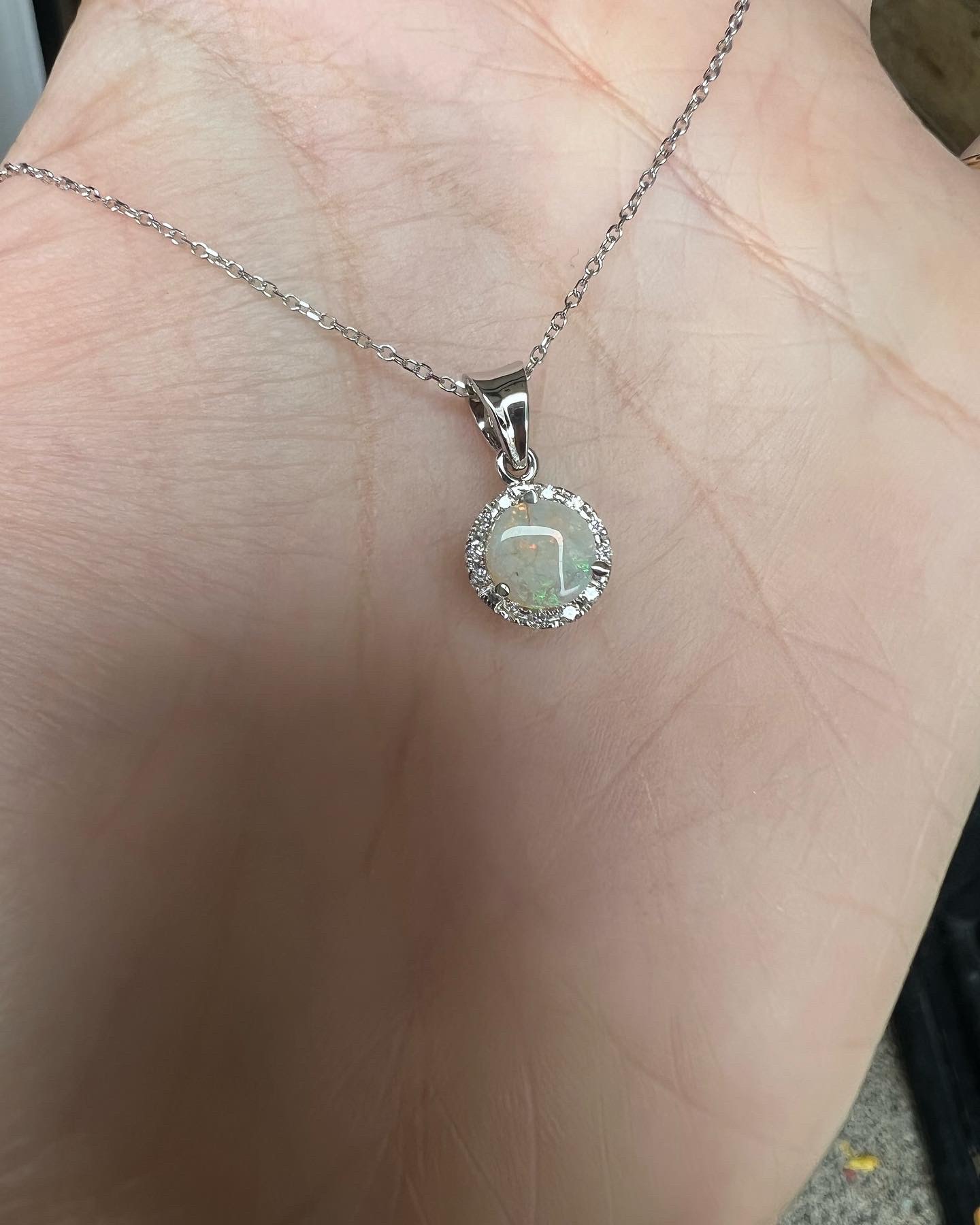 14k White Gold Genuine 1/2 Cttw Opal & Diamond Halo Pendant - Image 3