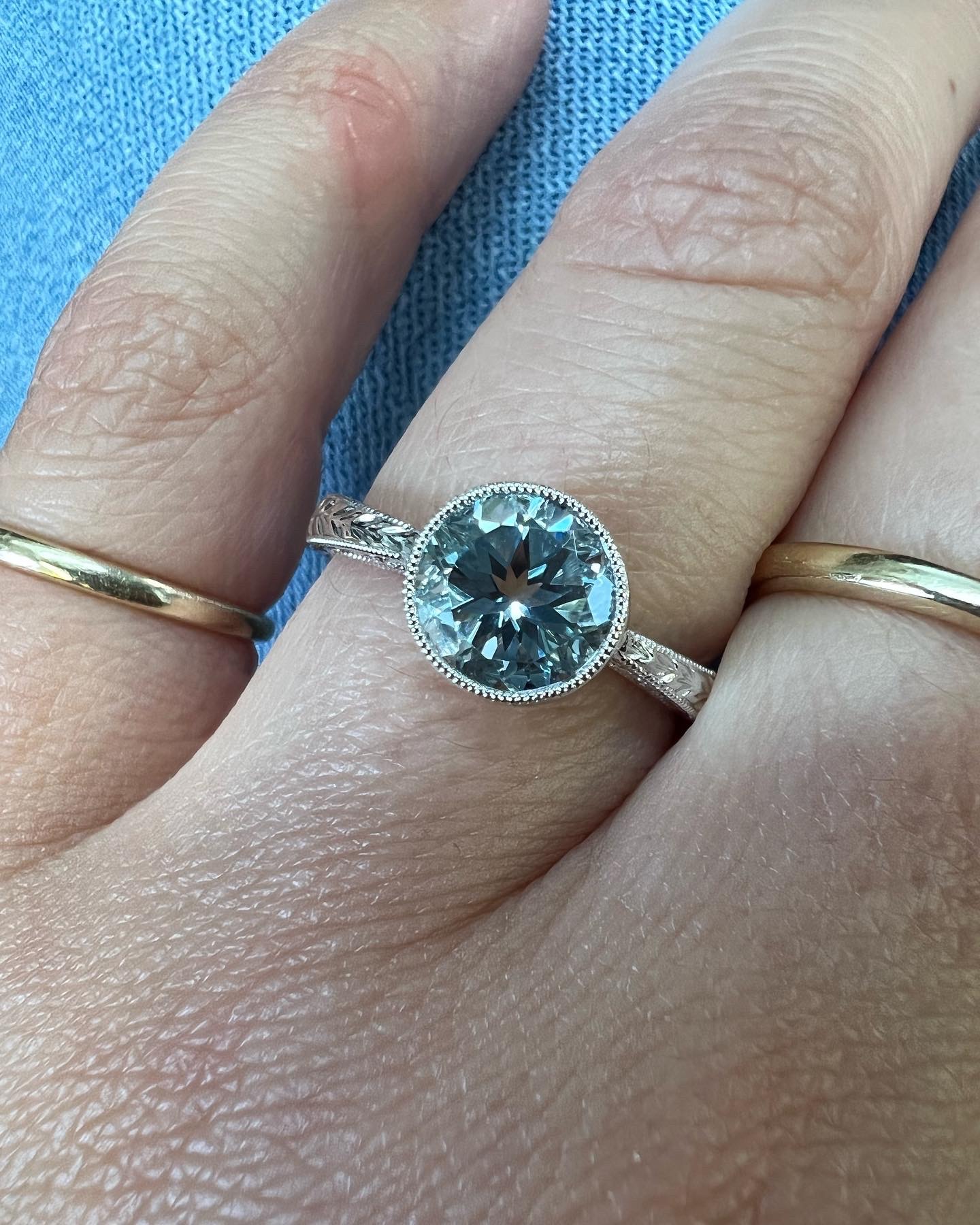 14k White Gold Genuine 1.26 Cttw Aquamarine Bezel Ring With Filigree & Engraving - Image 14