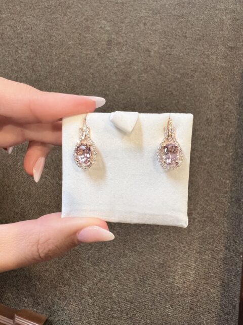14k Rose Gold Genuine 2.70 Cttw Morganite & Diamond Dangle Halo Stud Earrings