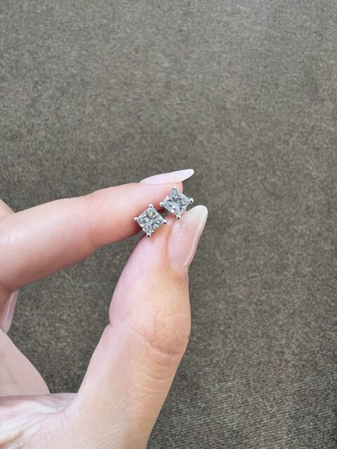 14k White Gold Genuine 1.20 Cttw Princess Cut Diamond Stud Earrings