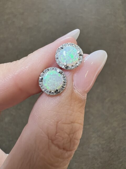 14k White Gold Genuine .97 Cttw Opal & .16 Cttw Genuine Round Brilliant Cut Diamond Halo Stud Earrings