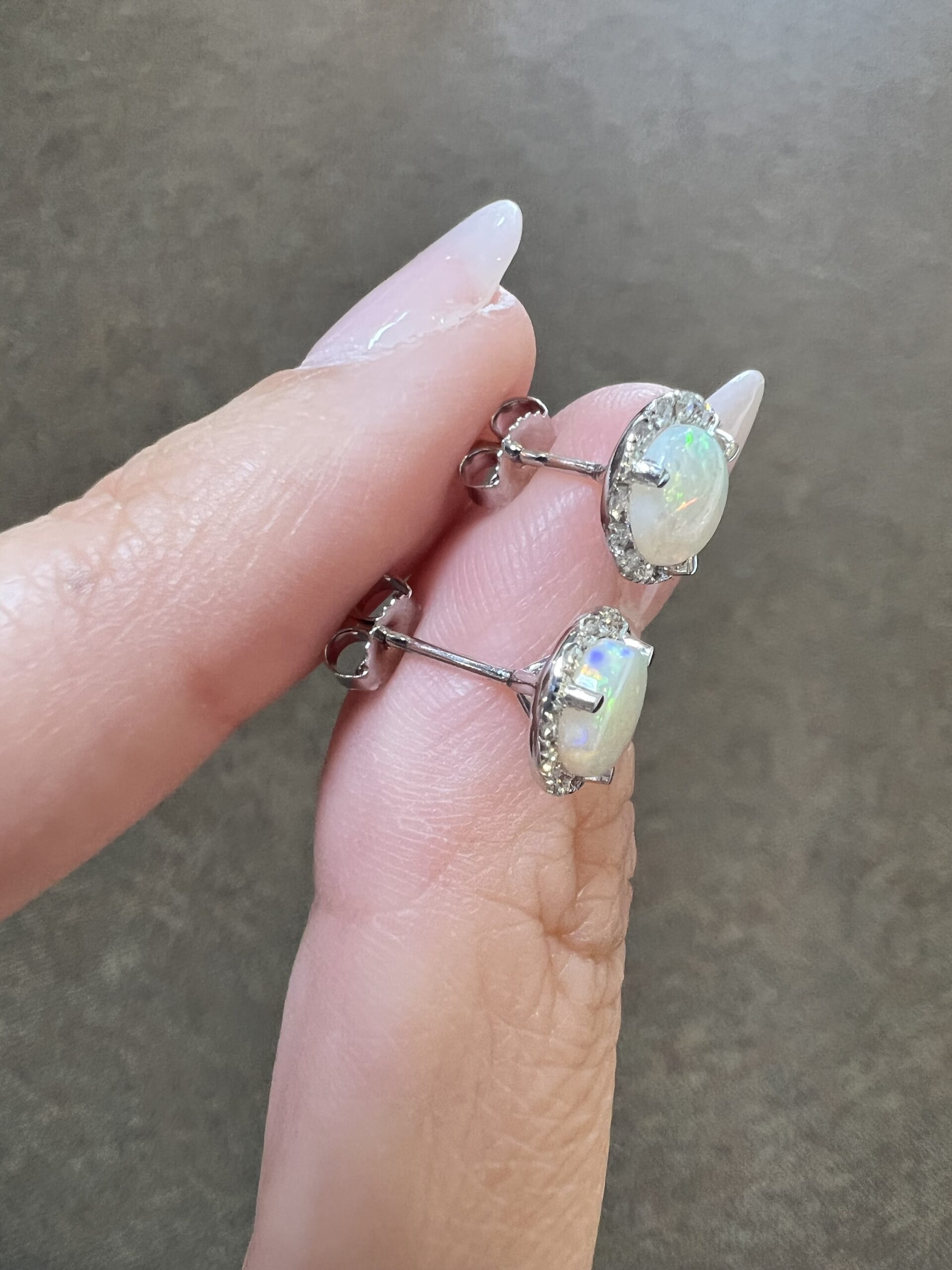 14k White Gold Genuine .97 Cttw Opal & .16 Cttw Genuine Round Brilliant Cut Diamond Halo Stud Earrings - Image 3