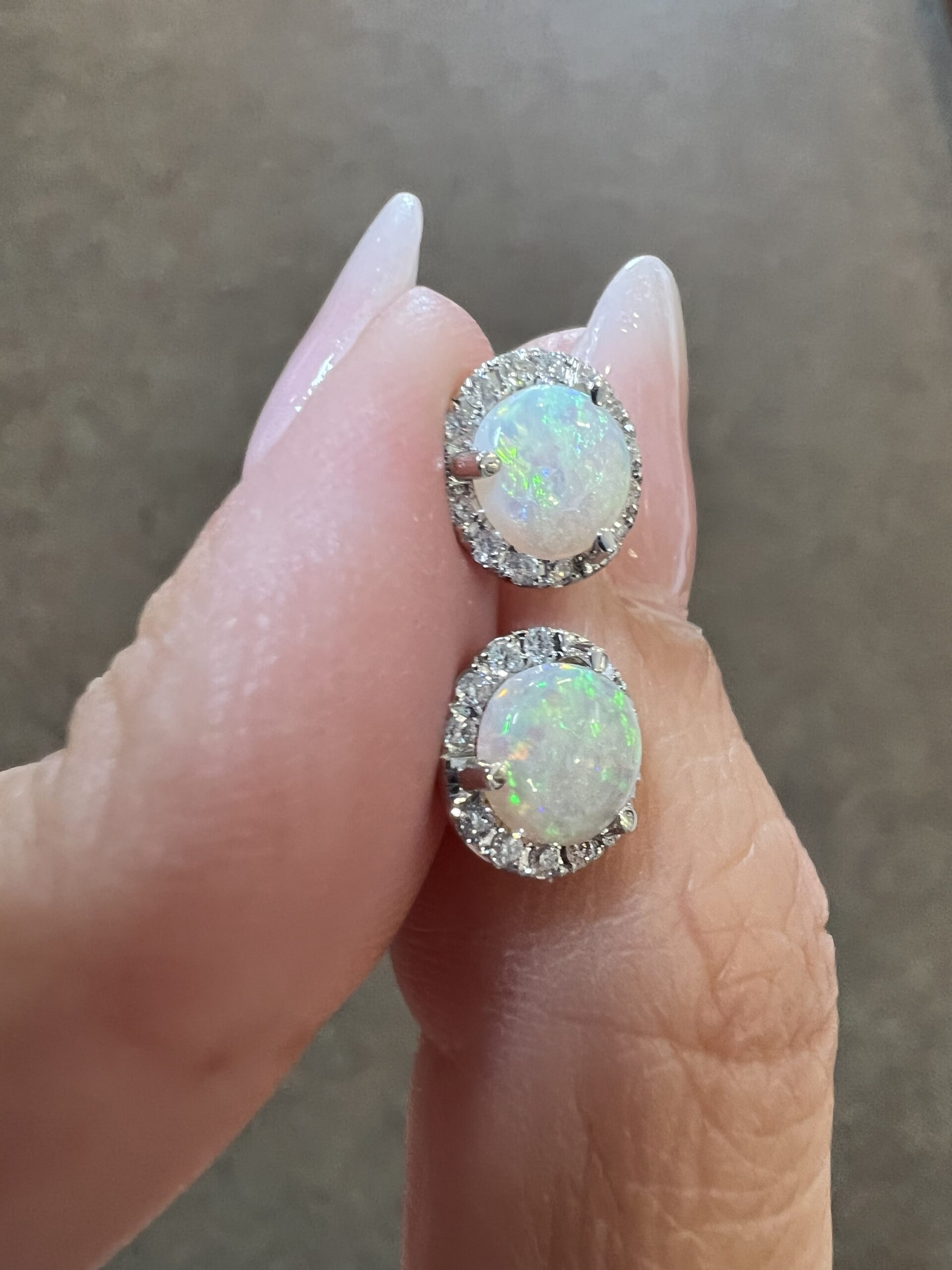 14k White Gold Genuine .97 Cttw Opal & .16 Cttw Genuine Round Brilliant Cut Diamond Halo Stud Earrings - Image 6