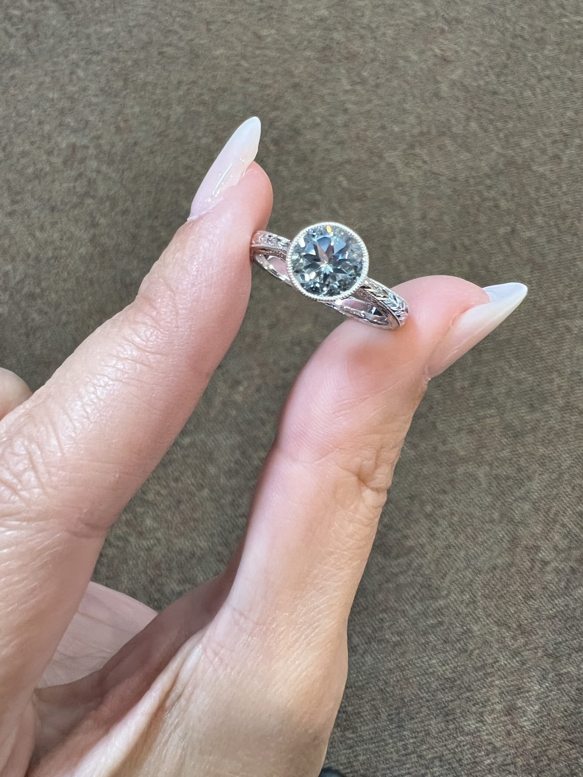 14k White Gold Genuine 1.26 Cttw Aquamarine Bezel Ring With Filigree & Engraving - Image 2