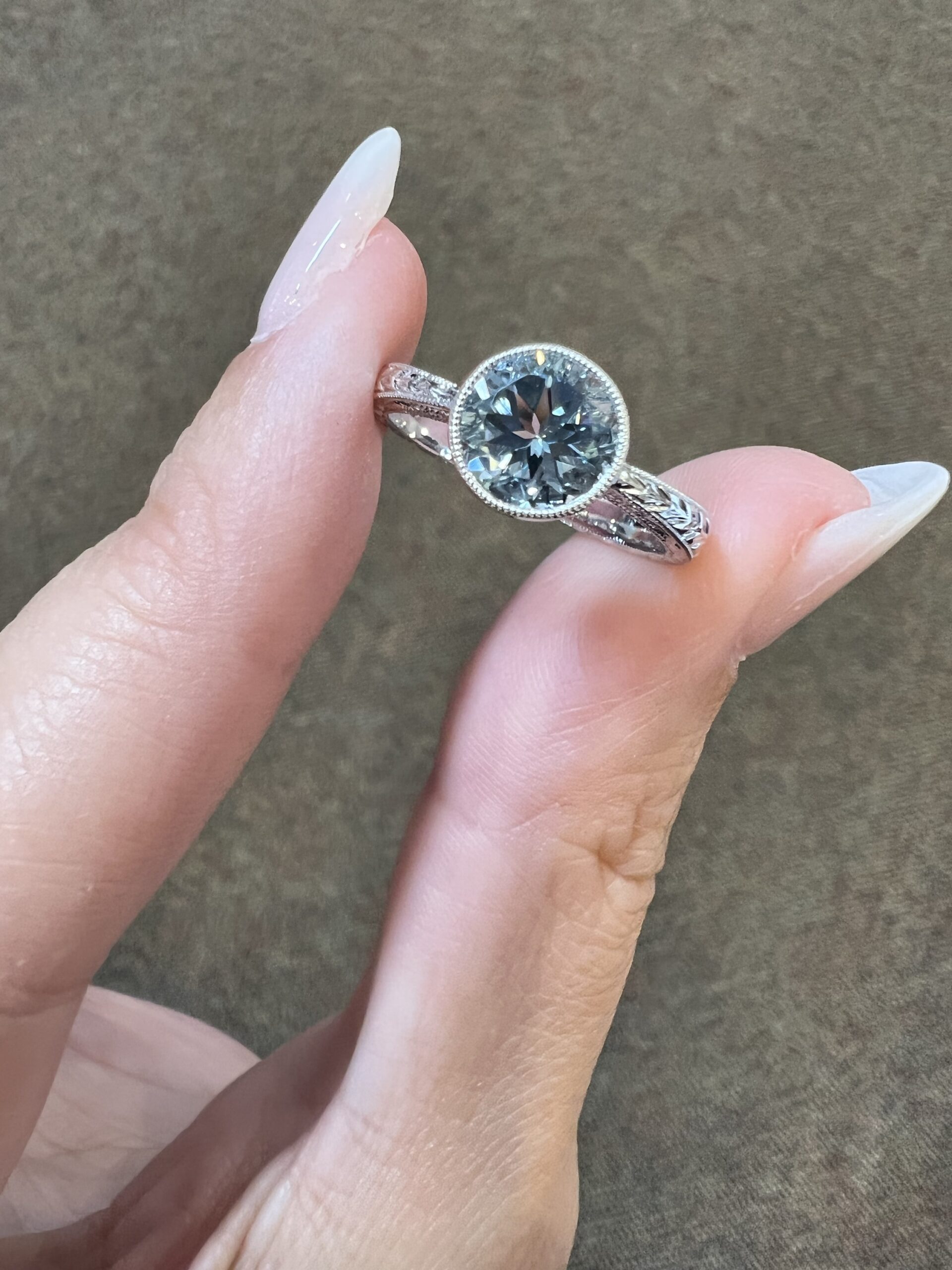 14k White Gold Genuine 1.26 Cttw Aquamarine Bezel Ring With Filigree & Engraving