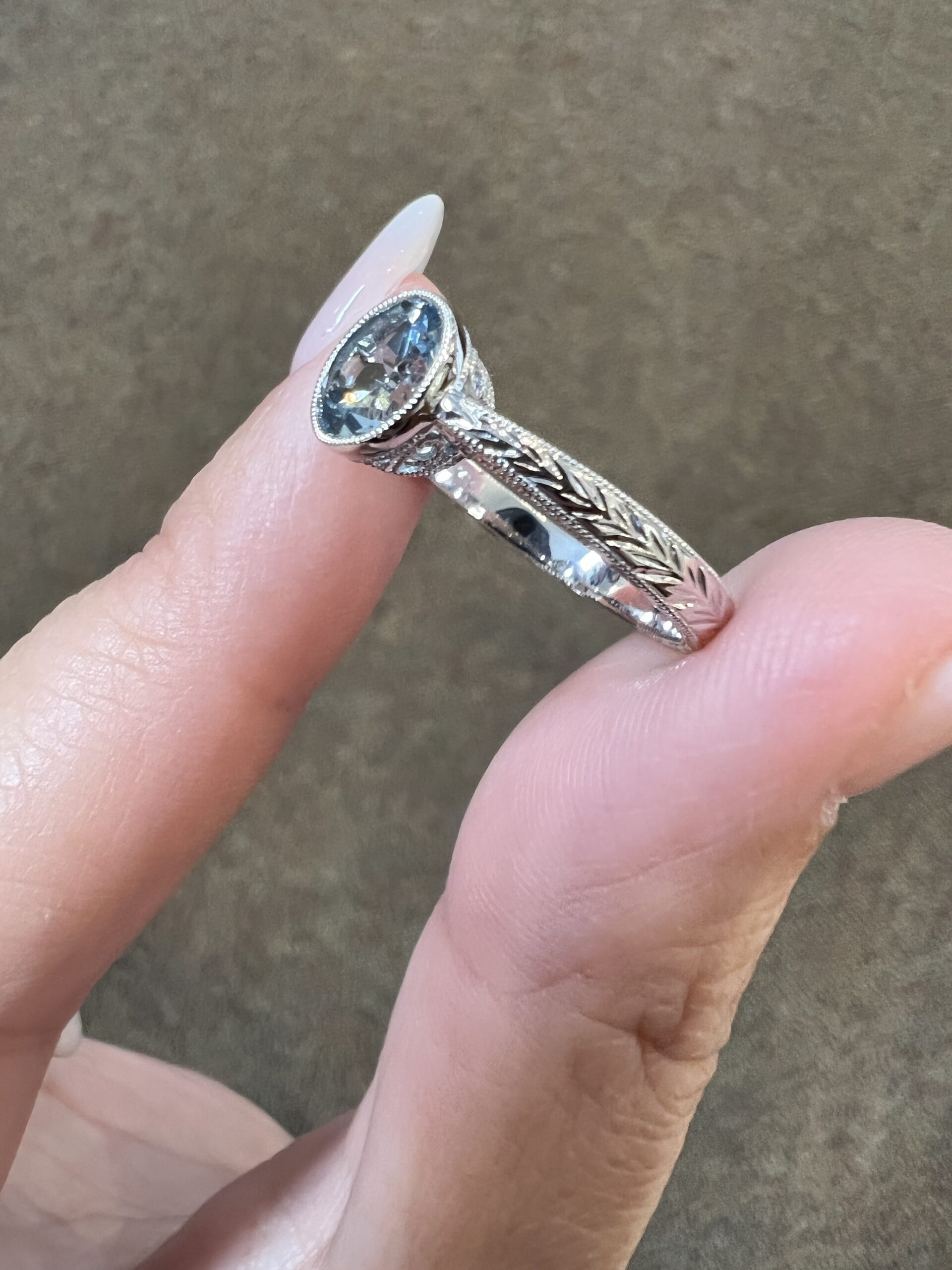 14k White Gold Genuine 1.26 Cttw Aquamarine Bezel Ring With Filigree & Engraving - Image 7