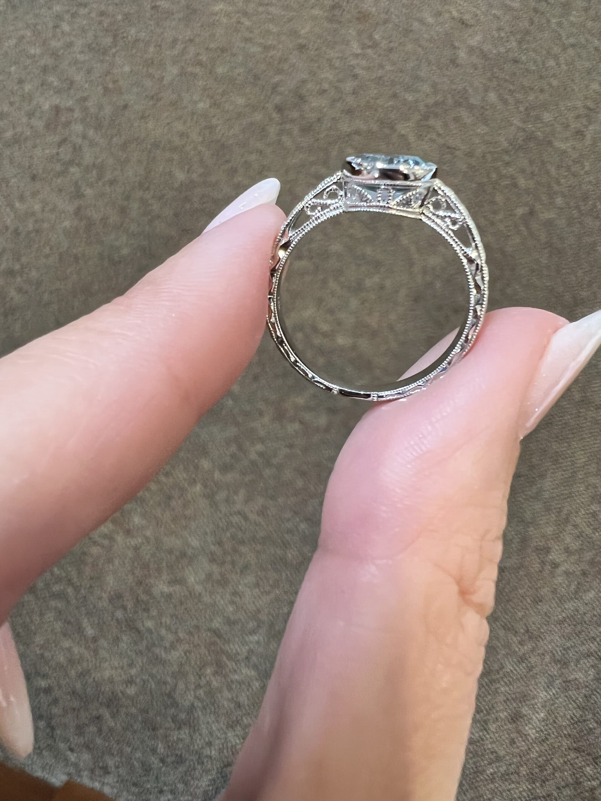 14k White Gold Genuine 1.26 Cttw Aquamarine Bezel Ring With Filigree & Engraving - Image 11